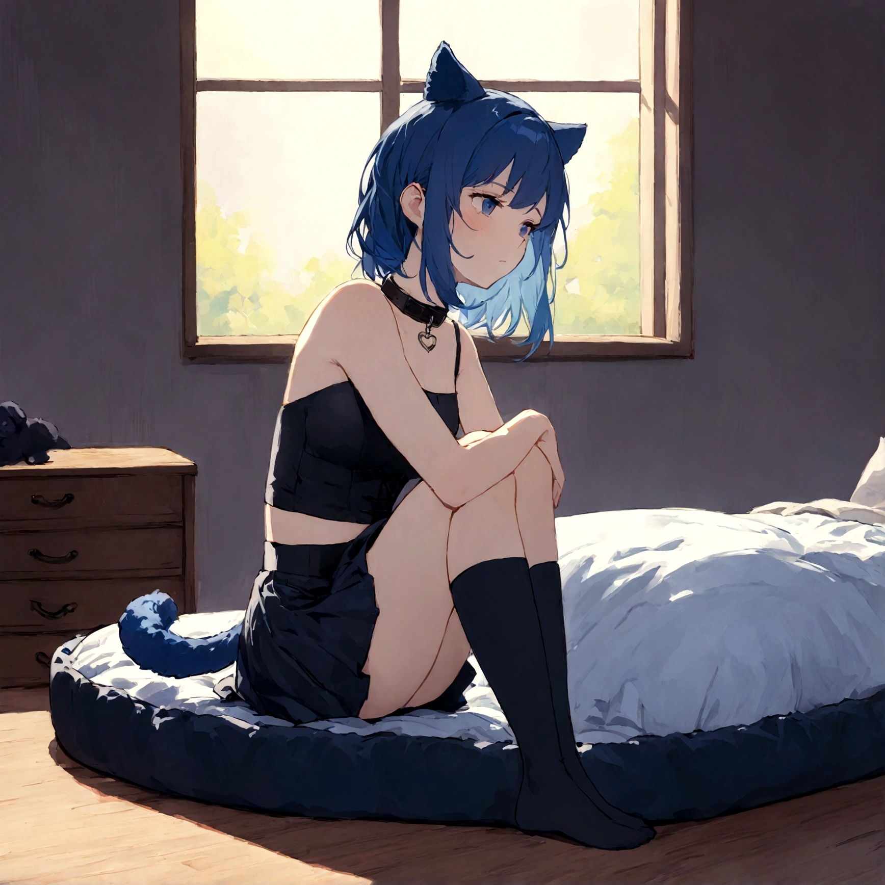 a sexy female with long blue hair, has forward flopping fuzzy puppy ears, has a puppy tail, wearing a black corset, wearing a black mini skirt, has a dark blue dog collar on, wearing cute thigh high socks, relaxing on knees, solo, alone, (SOLO)ALONE), no dogs, single girl, on knees, on a dog bed