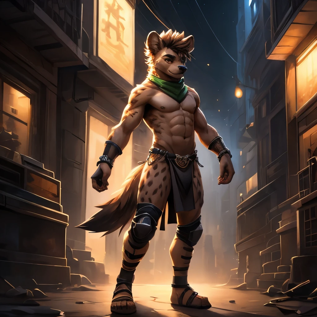 No lighting deep shadows, masterpiece, high quality, Empty, Solitary, teenager 毛茸茸, hairy, teenager, hyena, Only has spiky brown hair on head, collar, Brown eyes, goggles, Black loincloth, green scarf, Elbow pads, Knee pads, masterpiece, No muscles, Detailed hands, Delicate face, delicate eyes, Detailed body, Flat body, Skinny, paw, high resolution, Metal bracelet on wrist, metal handcuffs on ankles, No shirt, No underwear, Crowded city, night, Lean forward, kenkert&#39;s art