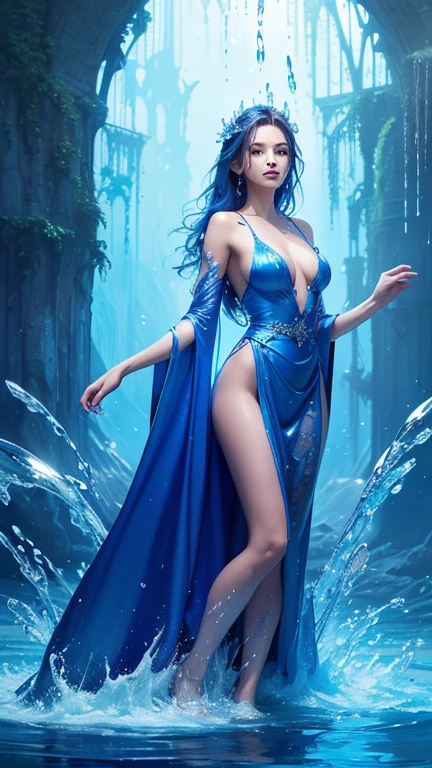 a beautiful young woman in a blue robe dress,fantasy with water magic, water manipulation, water art, blue body paint, incredible digital art, amazing art, water art manipulation, beautiful art work, blue colour splash, character is covered in liquid, gorgeous art, realistic art 4k , medium long shot