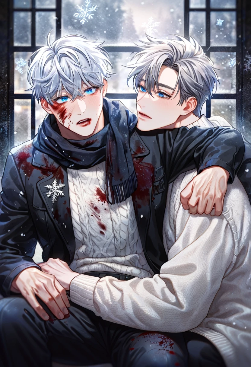 absurdres, highres, ultra detailed, HDR, master piece, best quality, extremely detailed face, delicated features, Kang Woojin, black messy hair, expressive dark blue eyes, Love Jinx, Gojou Satoru, white hair, expressive blue eyes, two sexy men sitting together, covered in blood, gay couple, yaoi, handsome, black pants, black coat, white sweater, black scarf, fantasy, snowing, winter, snowflakes, apocalyptic, horror, clothes stained with blood, window