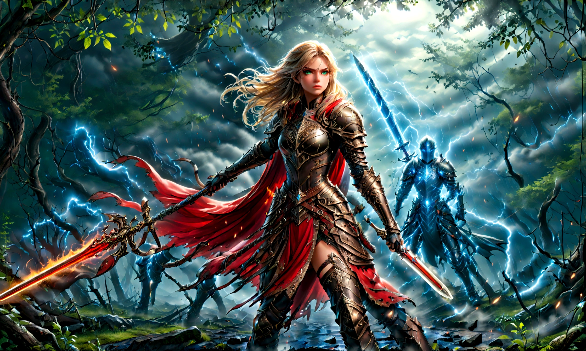 fantasy art, RPG art, Dark fantasy art, ultra wide shot, RAW, photorealistic, a picture of (1single: 1.5) female human ranger, the ranger, an exquisite beautiful human woman, long blond hair, braided hair, green eyes, wearing leather armor, wearing (red cloak: 1.1), armed with a (sword: 1.3), wearing laced boots, standing in a dark forest at night, (mist rising from the grounds: 1.3), a sense of dread and fear, yet she stands defiant and fearless, dark fantasy forest background, best quality, 16k, [ultra detailed], masterpiece, best quality, (ultra detailed), full body, ultra wide shot, photorealism, Sword and shield, aetherpunkai