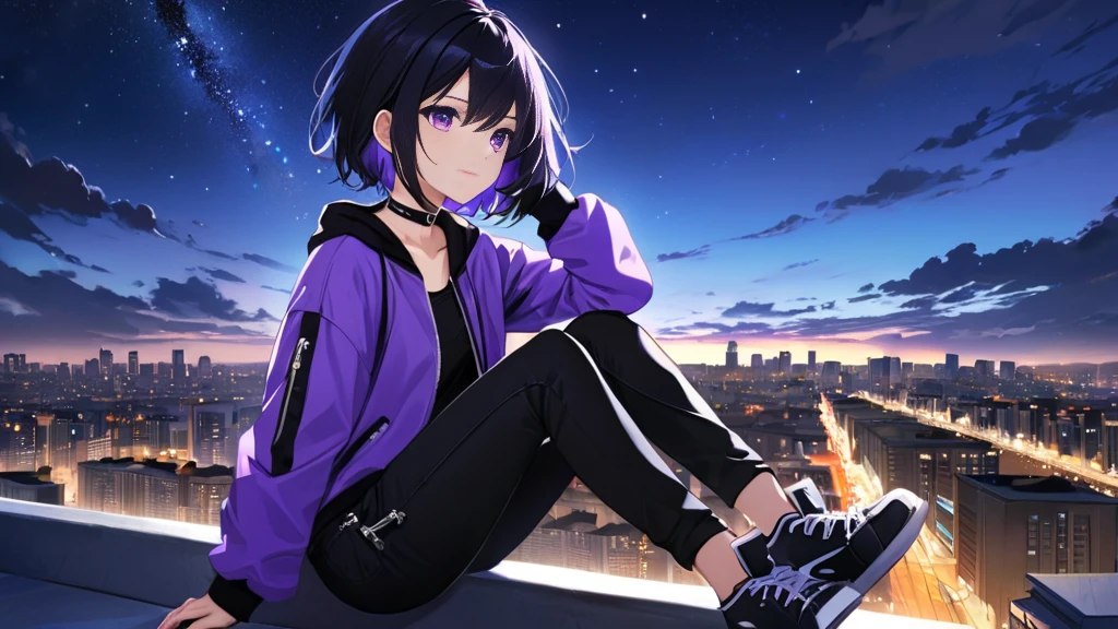 Alone Tomboy girl, Short Black Hair, Purple Pupil Eyes, wear chokers, wearing a short purple jacket with the zipper closed, Long Black Jeans, black sneaker shoes, the wind blows from the front through the hair, sitting on top of a building at night looking at the city with a sky full of stars.
