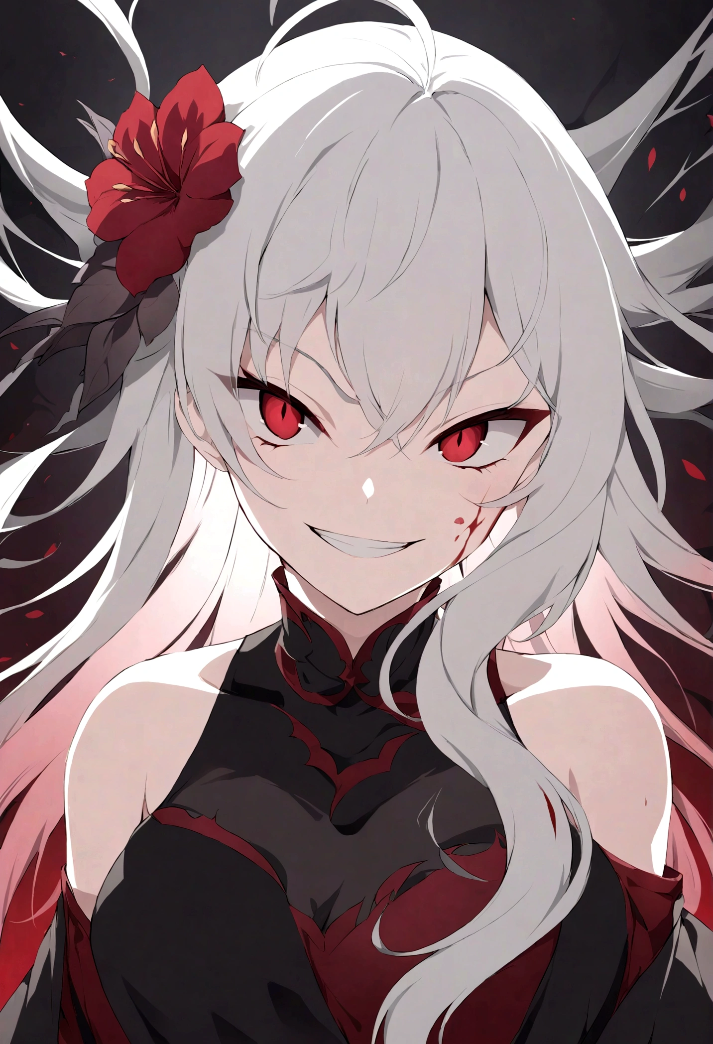 playful anime girl with white hair and dark grey and red strands in her hair striking a playful pose with an evil grin on her face, blood blossoms as accessories in her hair, evil grin on her face, shiny dark red eyes, dark grey tendrils with bloodred blossoms in the background, evil look, best anime characterdesin, high resolution, 8K fantasy artwork