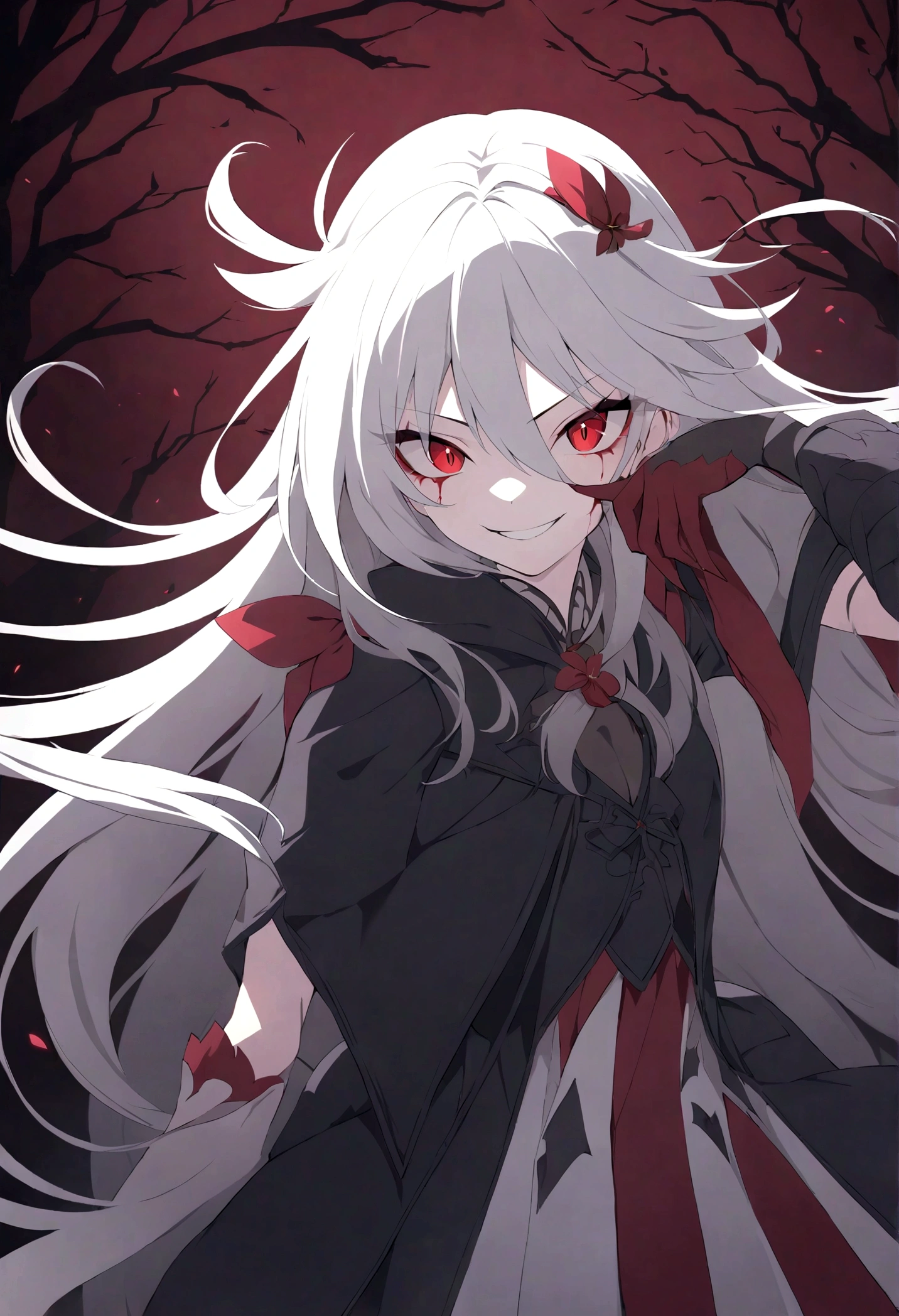 playful anime girl with white hair and dark grey and red strands in her hair striking a playful pose with an evil grin on her face, blood blossoms as accessories in her hair, evil grin on her face, shiny dark red eyes, dark grey tendrils with bloodred blossoms in the background, evil look, best anime characterdesin, high resolution, 8K fantasy artwork
