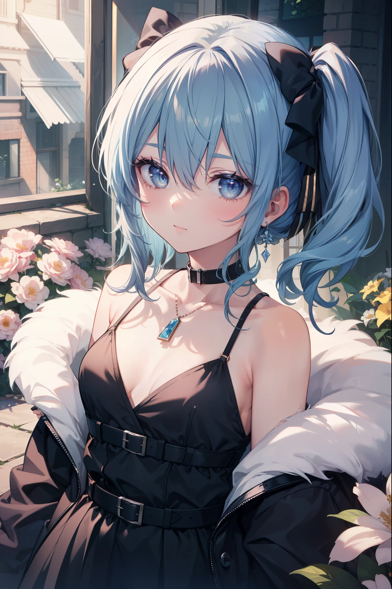 Hoshimachi Suisei,blue eyes,blue hair,choker,hair between eyes,medium hair,side ponytail,Star choker,(small breasts:1.2),
BREAK (black dress, dress, fur coat, high collar, jewelry, necklace, off shoulder, taut clothes, taut dress:1.2),
BREAK (((vibrant background of outside, flowers, bright lighting, summer, sunlight))), flat chested, looking at viewer, ((head:1, hips, elbows, arms, in view)),
BREAK (masterpiece:1.2), best quality, high resolution, unity 8k wallpaper, (illustration:0.8), (beautiful detailed eyes:1.6), extremely detailed face, perfect lighting, extremely detailed CG, (perfect hands, perfect anatomy),