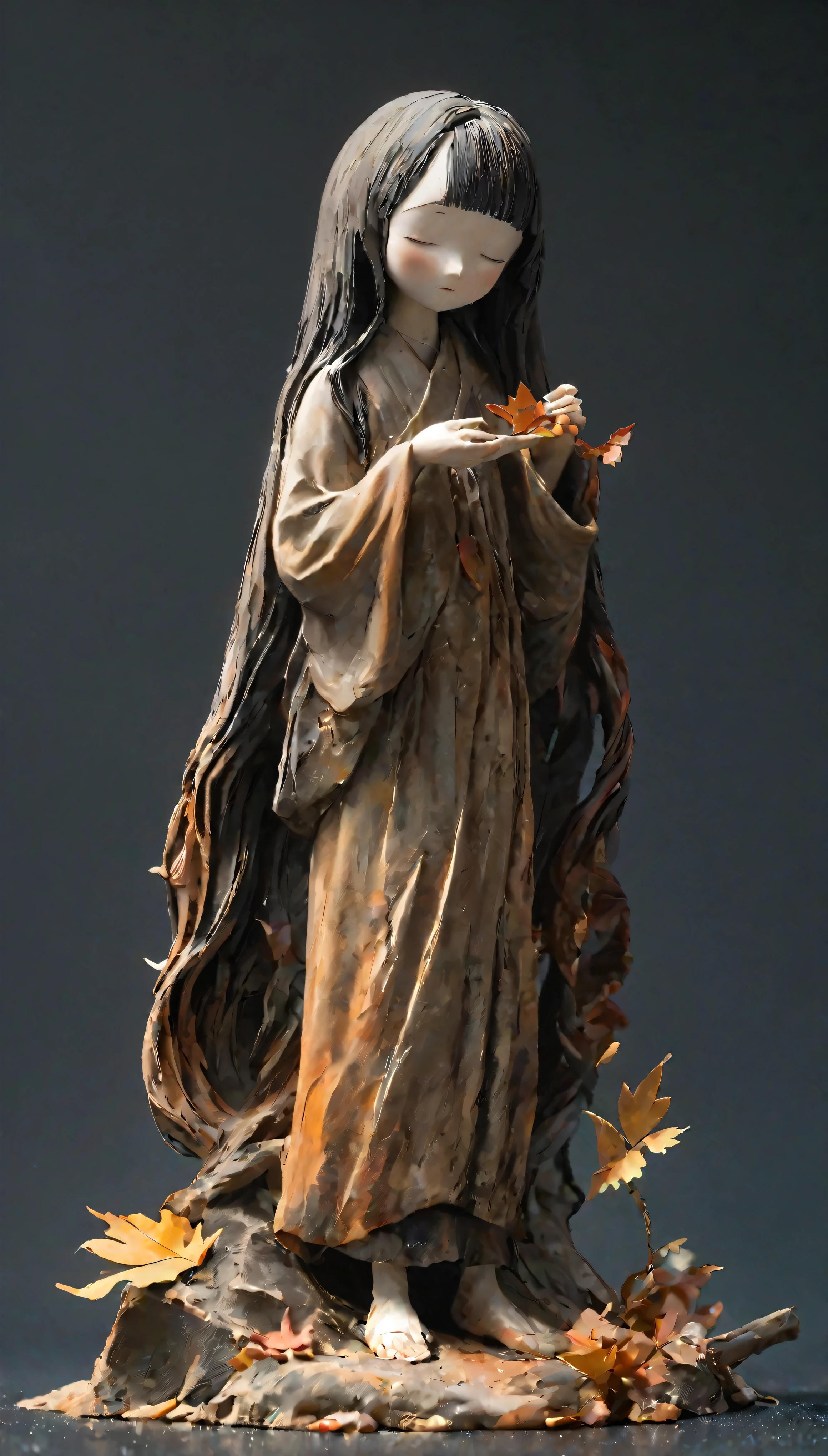 (highest quality:1.2),ultra-light clay, woman, Woman's body,Long Hair, Kind expression, close your eyes, barefoot, clay, Pottery, Thin fabric, Confused, dirty, mineral pigments, 3D clay sculpture art, clay sculpture, Rough surface, (slope,slope background,Jet black background,Eat food,alone,Are standing), highest quality、Ultra-detailed、High quality details、8k、autumn leaves:1.5、deep autumn forest、Tree leaking day、silence