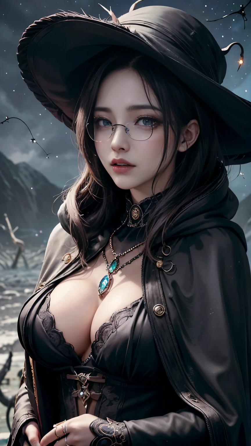 (Fatal Beauty,A charming villain,witch) ,(A supple and powerful physique),(Sensual charm),(Mysterious charm:1.1),(Captivating silhouette),((((Glasses))))、((((big sapphire necklace))))、(highest quality,High resolution:1.2),(dark,Threatening:1.1),((dark horror theme:1.5),(Thriller:1.5)),(Dark fantasy:1.5),  (((Countless stars fly away:1.5),(Absurd:1.5),(wonderful:1.5))),Woman in red Dress, (Powerful numbers:1.1),(((Big Breasts))),(((Fiery crown:1.1))),prime color,Urban,Very detailed,masterpiece,Intricate details,Faded,Very detailed, Eye on the details,Intricate details,暗くてSpooky atmosphere,  spiritual being, Unforgettably beautiful, Ghostly figures, Shadow-like shape, Spooky whispers, Ominous Aura, Goth Maiden, Very darkHer eyes, Like dazzling fur in a starless haze,Her Mogul Snaps, Mysterious Cemetery,Black hair swaying in the moonlight, She summons darkness, (beautiful: 1.7), (Black Hat: 1.6), (An intricately decorated jet-black cloak: 1.6), (Delicately decorated cloak, Despite being damaged: 1.5), Hypermaximalist,  Breathtaking oil paintings, Surreal, Ultra-realistic digital illustrations that mimic the style of oil paintings, Seamlessly blending the psychedelic visionary art of Alex Grey with the physical-mechanical aesthetic of H.R. Giger. wonderful構成,  (Shining Eyes:1.6)、(Glowing Eyes:1.1),(hellish landscape:1.1),(fire,sulfur:1.1),(Threatening atmosphere:1.1),(dark shadows,Threatening presence:1.1),(Unlucky Clouds,Stormy Skies:1.1),(dark,Spooky atmosphere:1.1),(Aura of misfortune,Evil energy:1.1),(dark aura,cigarette:1.1),(Extreme heat,Burning Flames:1.1),(Nightmare Visions:1.1),(Predicting the end:1.1),(Whispers of misfortune,Devilish Laugh:1.1),(Cries of pain,echoing screams:1.1),(Bad luck symbol,Ancient runes:1.1),(Mysterious Relic,dark art ifacts:1.1),(Infernal Ritual,Ritual sacrifice:1.1),(Eternal Ruin,A hopeless existence:1.1),  Inspired by abandoned mech backgrounds. Art created by Craig Mullins, Necrostyle., Detailed Description, Futuristic sci-fi scene. Focus on SFCon