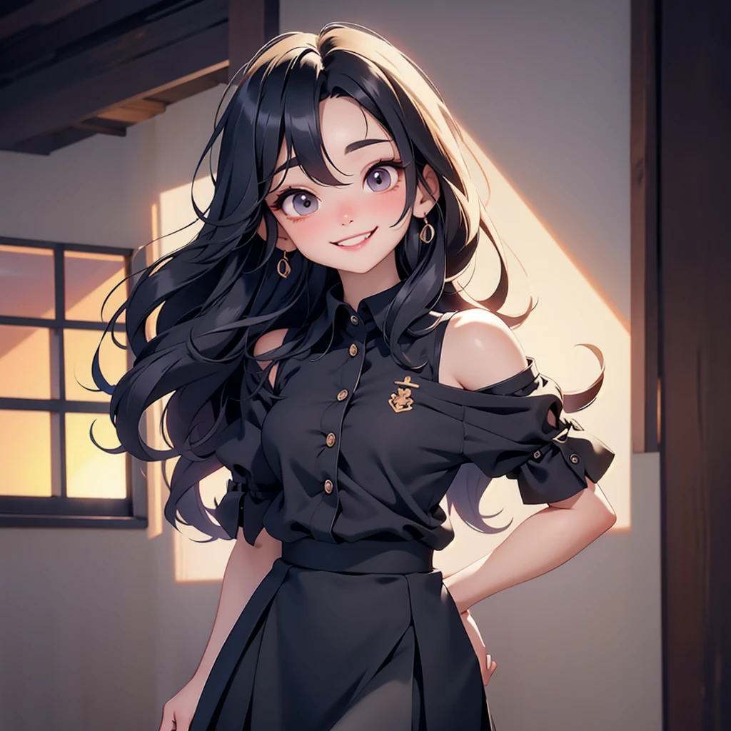 Premium quality, excellent work, Young Girl, cute, Black Hair(Shoulder length),Beautiful eyes, Well-formed face, A neat nose, Well-formed teeth, Double teeth, Black , anime, Mouth smiling, ,Beautiful fingers, Clean hands, skirt, The background is the classroom, A faint light shines through