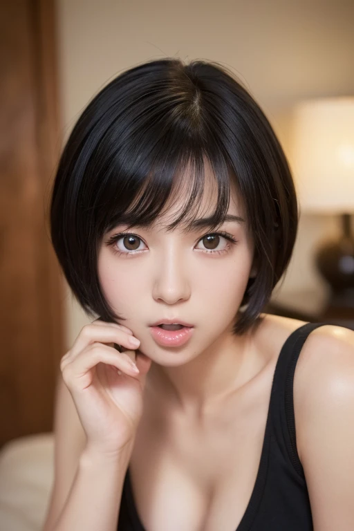 (High resolution:1.3), (16k, Photorealistic, Raw photo, Best image quality: 1.4), Japanese, (One Girl), Beautiful Face, (A vivid face), (Black-haired、short hair:1.3), Beautiful Hairstyles, Realistic eyes, Beautifully detailed eyes, (Realistic Skin), Beautiful skins, attractive, 超A high resolution, Surreal, High detail, Golden Ratio, Highly detailed cute girl,(20-year-old),  (fuck:1.5)、(real big dick:1.5), Belly button