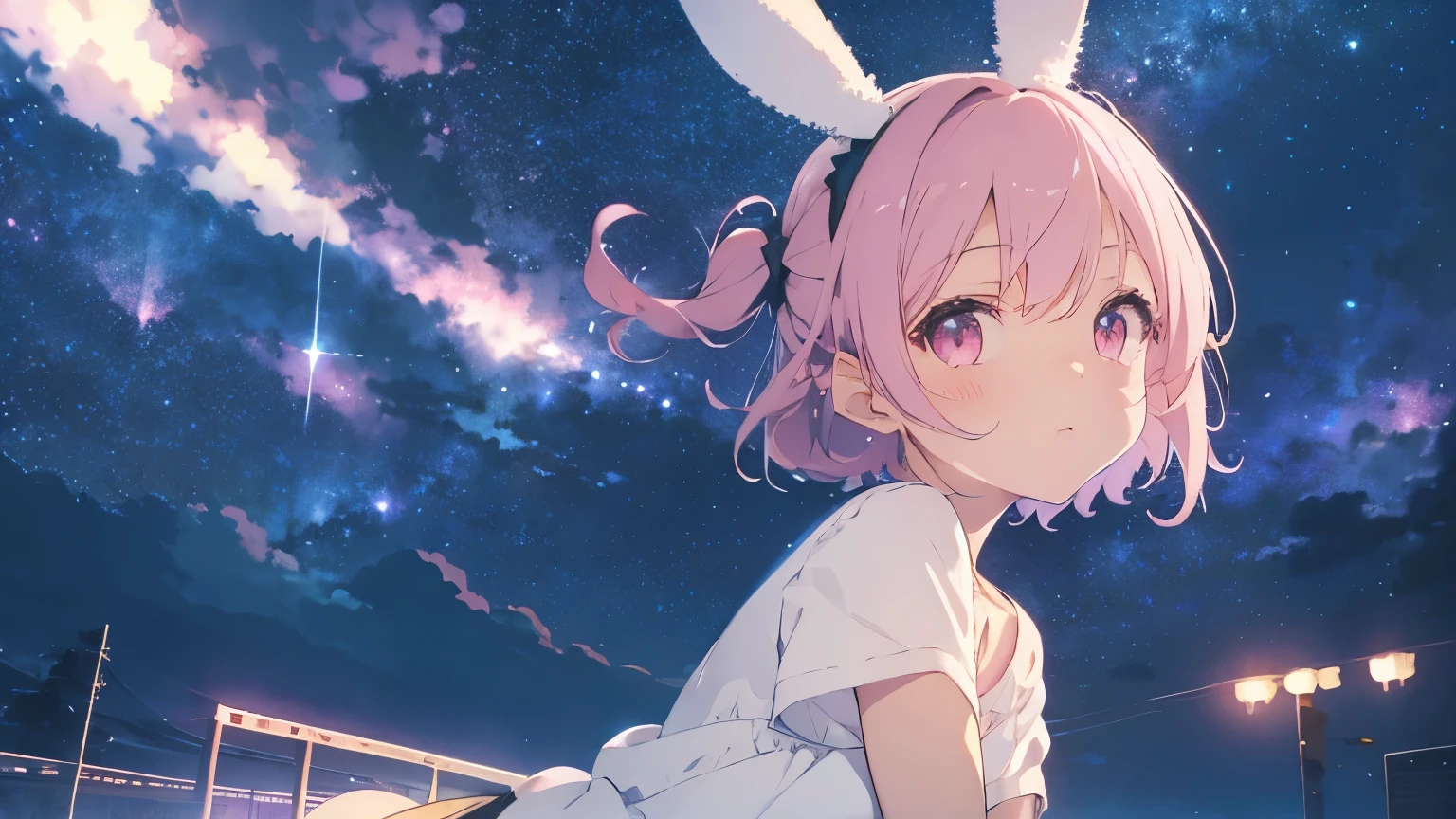 night,Starry sky,highest quality, pretty girl, pastel colour, Fluffy bunny ears, Pink short bob,Pale pink eyes,Stretch your arms out to the sky