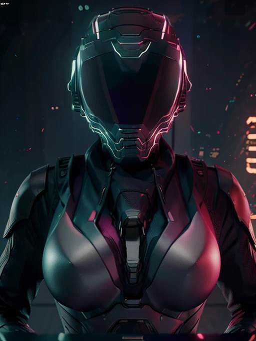 ((best quality)),ridiculous,(Ultra-high resolution),Octane Rendering, miss, War Armor套装, Cyber Helmet, Neon,pink eyes，White，War Armor，Huge breasts, fit，Upper Body， (8K), (masterpiece), (theater lighting),