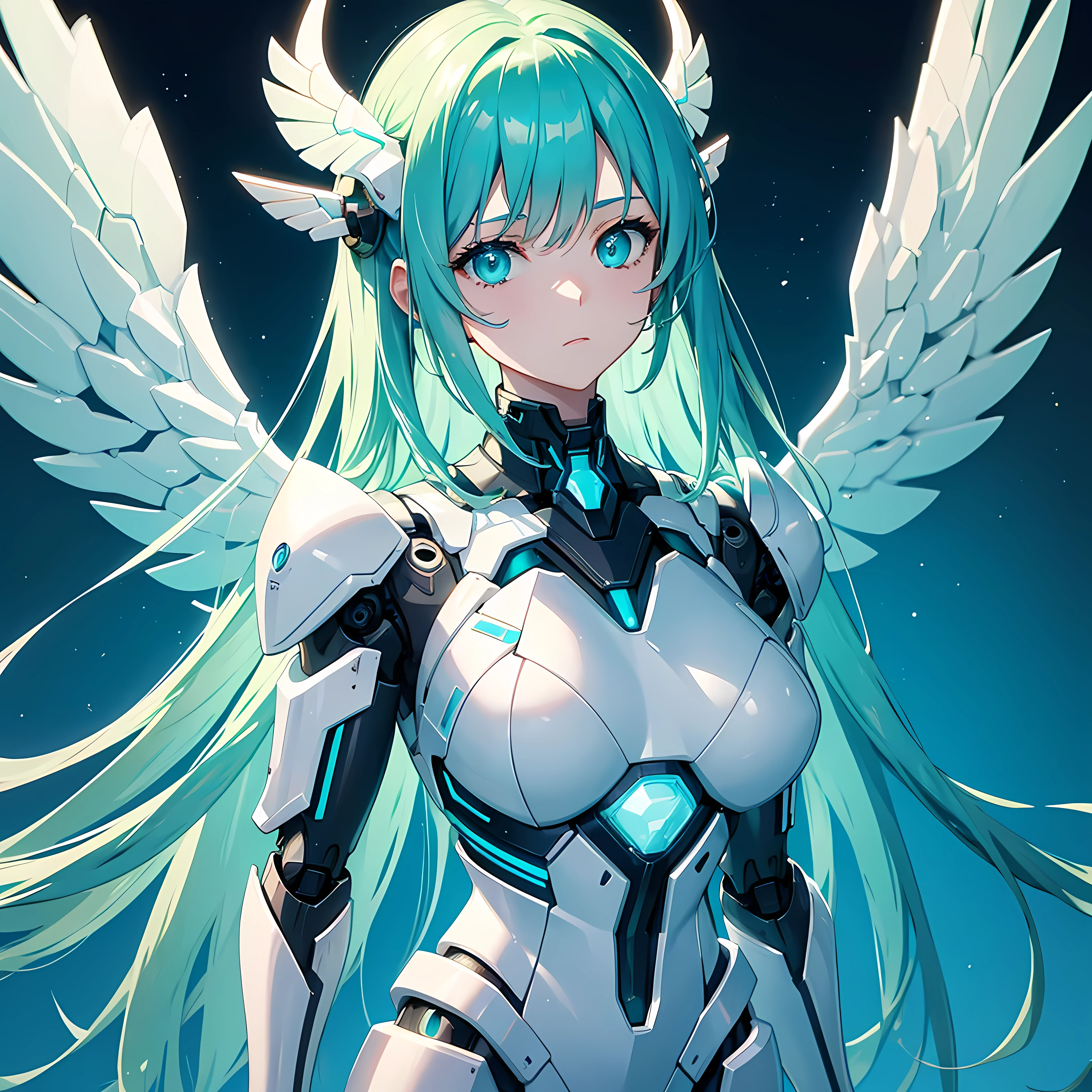 one single beautiful girl in an exoskeleton, close-up, face white robot anime, turquoise background robot angel, Large mechanical wings, sea green backlight, metallic, platinum metal