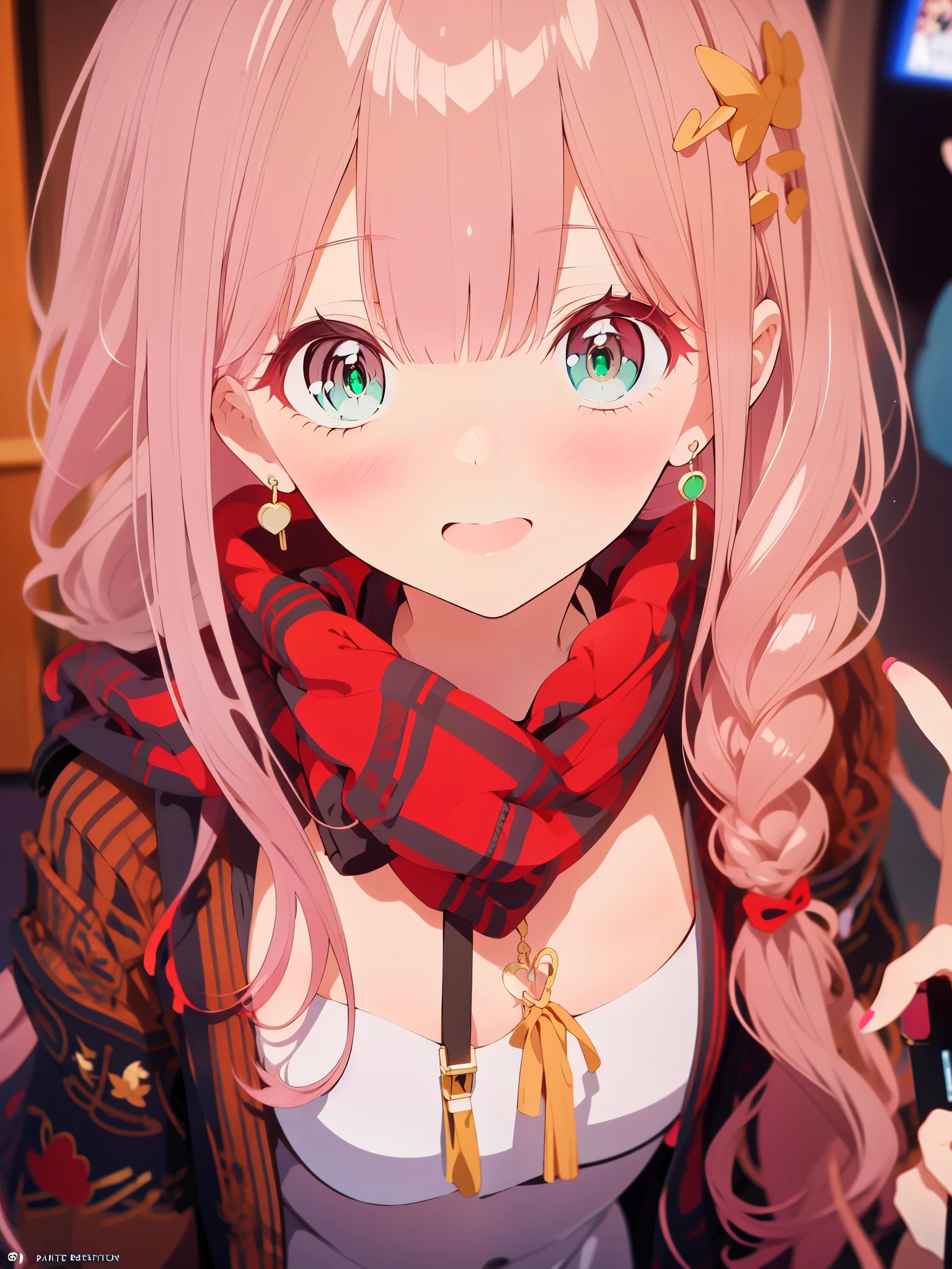 {{{{tmasterpiece}}}}, {{{ultra - detailed}}}, {{{A high resolution}}}, {{Good anatomy}}, (((Best quality at best))), ((Maximalism)),((Emerald eyes,with pink hair)),{{Extremely detailed and refined}}, {8k CG wallpaper}, {{illustratio,Get on camera,closeup of face,Face portrait}}, (long whitr hair|detailed hair|bluntbangs|shinny hair),((blazer: The white,vintage,bohemian style,plaid shirt,Outerwear with hoodie,brown knitted scarf)),proud face,ear rings,Blushing with joy,girlfriend lens,(1 girl:1), Alone,little breast, (color difference:1.2)