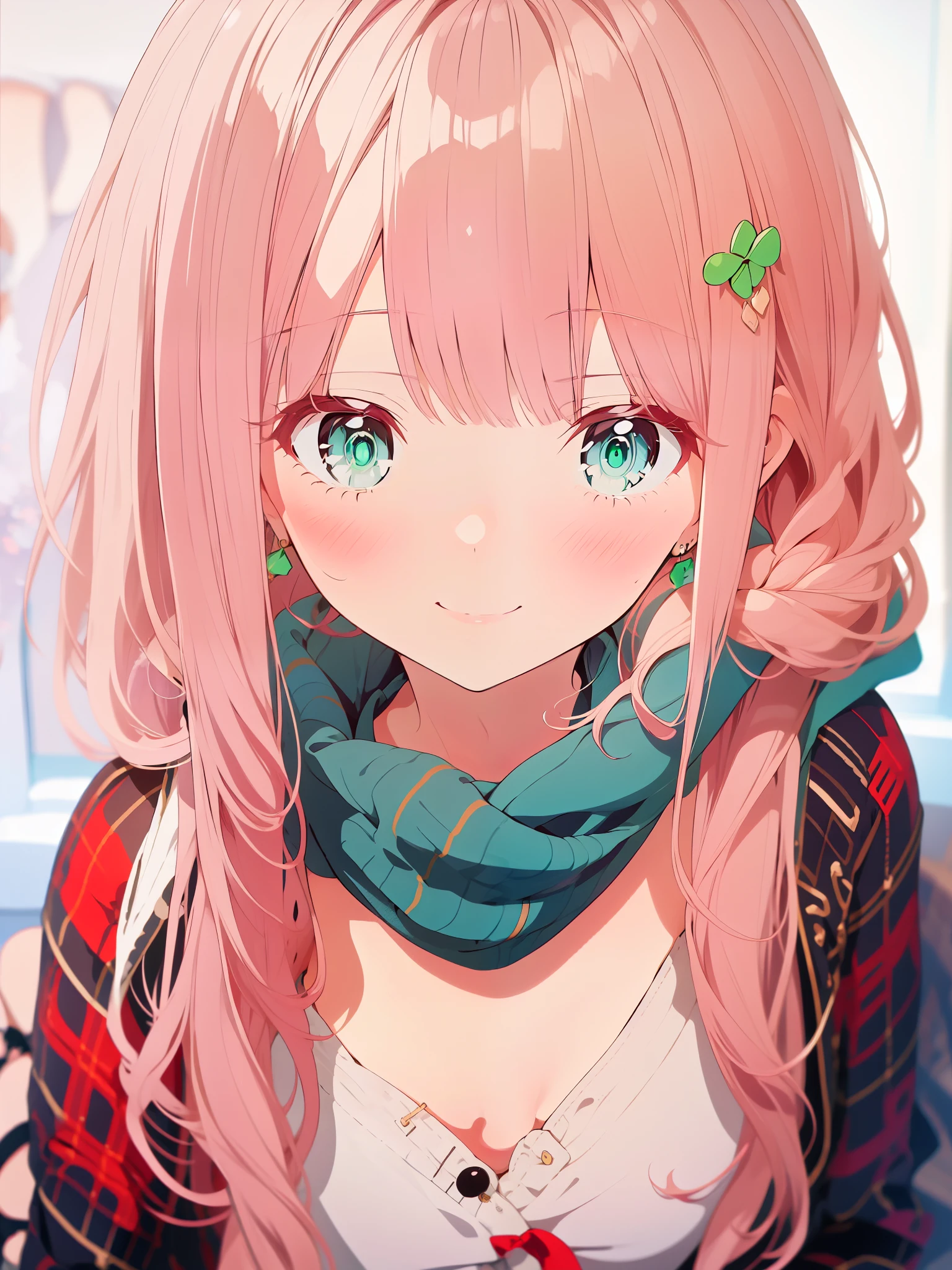 {{{{tmasterpiece}}}}, {{{ultra - detailed}}}, {{{A high resolution}}}, {{Good anatomy}}, (((Best quality at best))), ((Maximalism)),((Emerald eyes,with pink hair)),{{Extremely detailed and refined}}, {8k CG wallpaper}, {{illustratio,Get on camera,closeup of face,Face portrait}}, (long whitr hair|detailed hair|bluntbangs|shinny hair),((blazer: The white,vintage,bohemian style,plaid shirt,Outerwear with hoodie,brown knitted scarf)),proud face,ear rings,Blushing with joy,girlfriend lens,(1 girl:1), Alone,little breast, (color difference:1.2)
