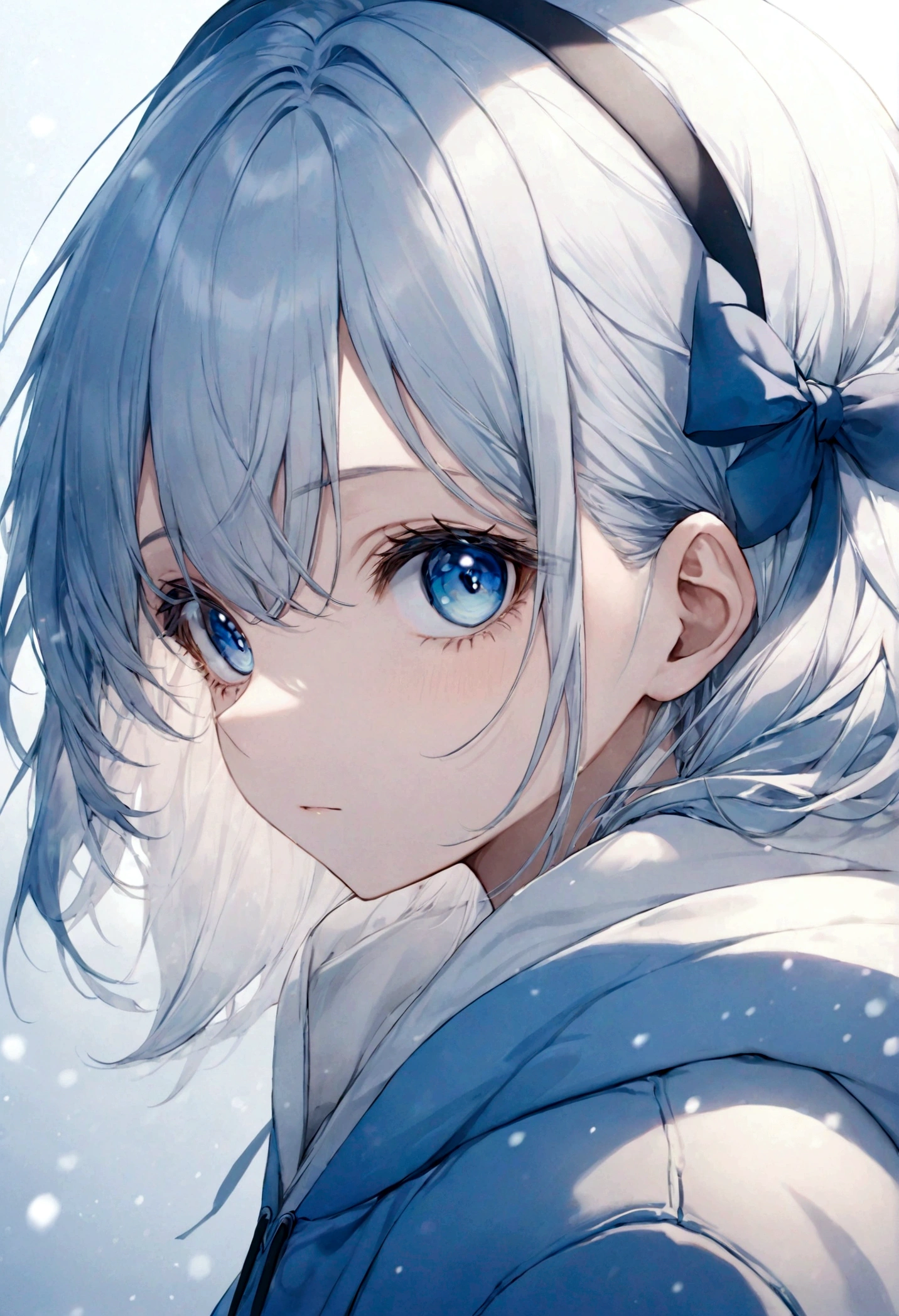 1 girl,light blue hair,blue eyes,hair ribbon,Blue and white hoodie,winter,looking at the viewer,profile photo, eye level shot