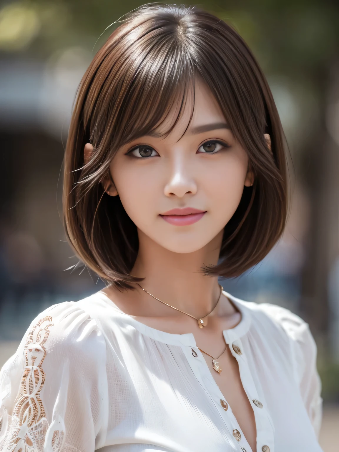 masterpiece, best quality, ultra-detailed, intricately detailed hyperdetailed, realistic, sharp features, highly detailed, sharp focus, 20 years old, perfect face, perfect face, perfect symmetrically perfect eyes, perfect full lips, flexible female form, film light, hyper detailed, hyper realistic, high resolution, vibrant, dynamic studio lighting, short hair, straight Bangs, brown Eyes, (Impish Smile:1.2), cowboy shot,