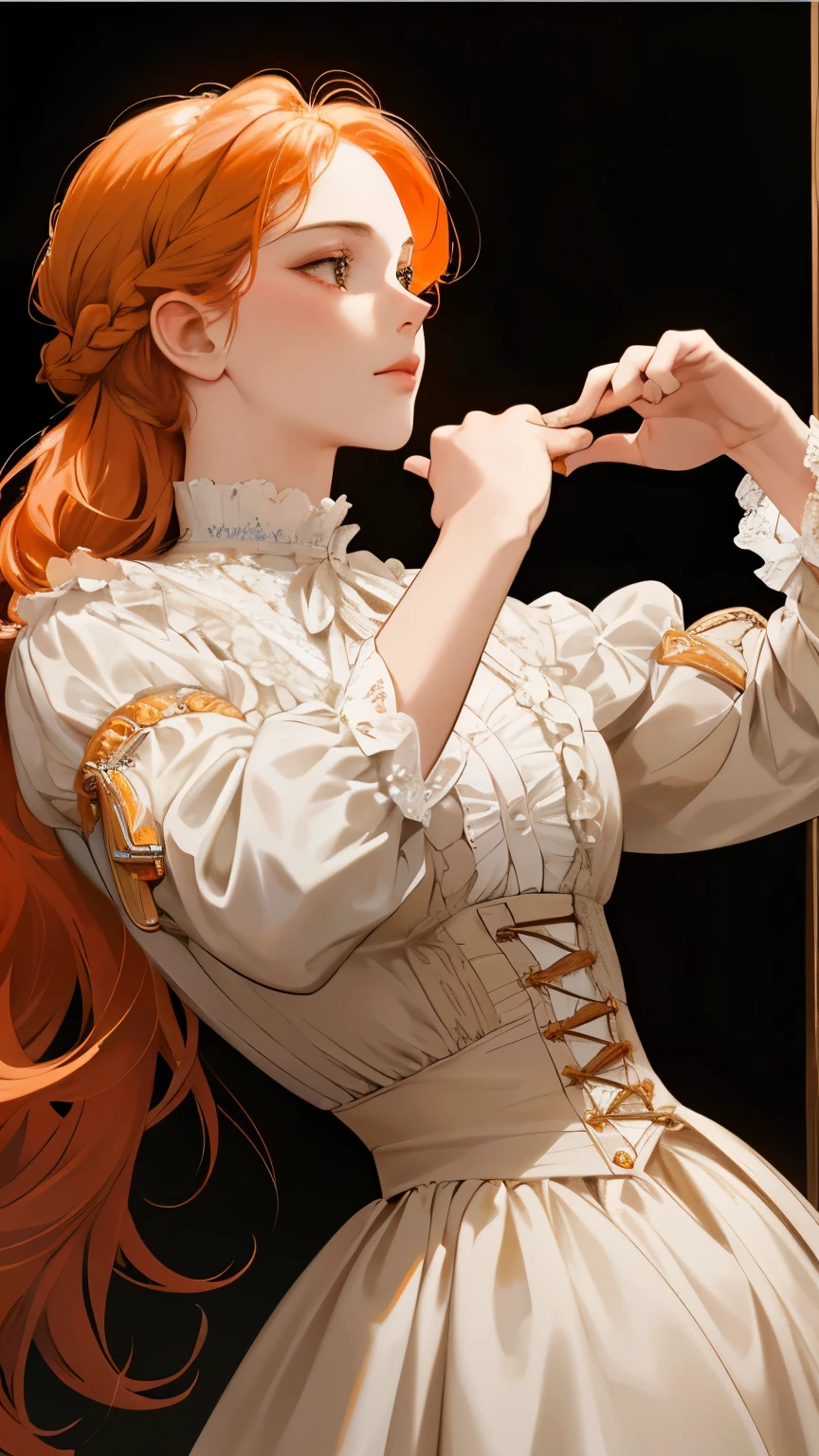 masterpiece, best quality, Practical, (absurd, High resolution, Super detailed), victorian era, Europe in the 18th century,noble,Orange hair color,braid, Delicate and meticulous, 8K, Reality, Dramatic Lighting, high quality, Complex design, classical portrait, enlarged texture, Exquisite details