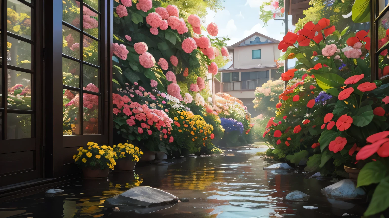 The scenery outside the window，spring，Begonia flowers，creek，8k，masterpiece，Super fine，Rich details，Realistic ray tracing，OC rendererst-person perspective