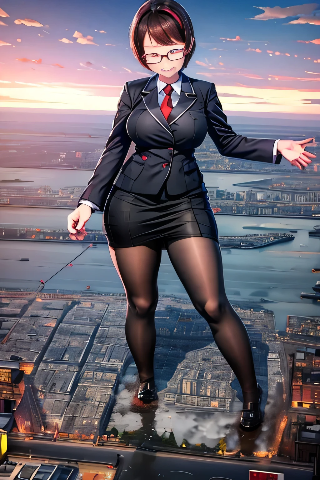 giantess art, highly detailed giantess shots, giantess, Two legs, Five fingers, short hair, A gigantic high school girl who is taller than a skyscraper, Wearing rimless glasses, smile, Big Breasts, Navy blazer, Red tie, mini skirt, Black Pantyhose, black pantyhose, no shoes on, toes visible through pantyhose, Steam coming out from the soles of my feet, Destroying cities, A very small big city, Miniature metropolis, Full body description, GTS, giga giantess, stomping city, crash city, tiny city, micro city, pantyhose feet, High resolution, highest quality, masterpiece, Urinating, Urine-stained city, peeing self