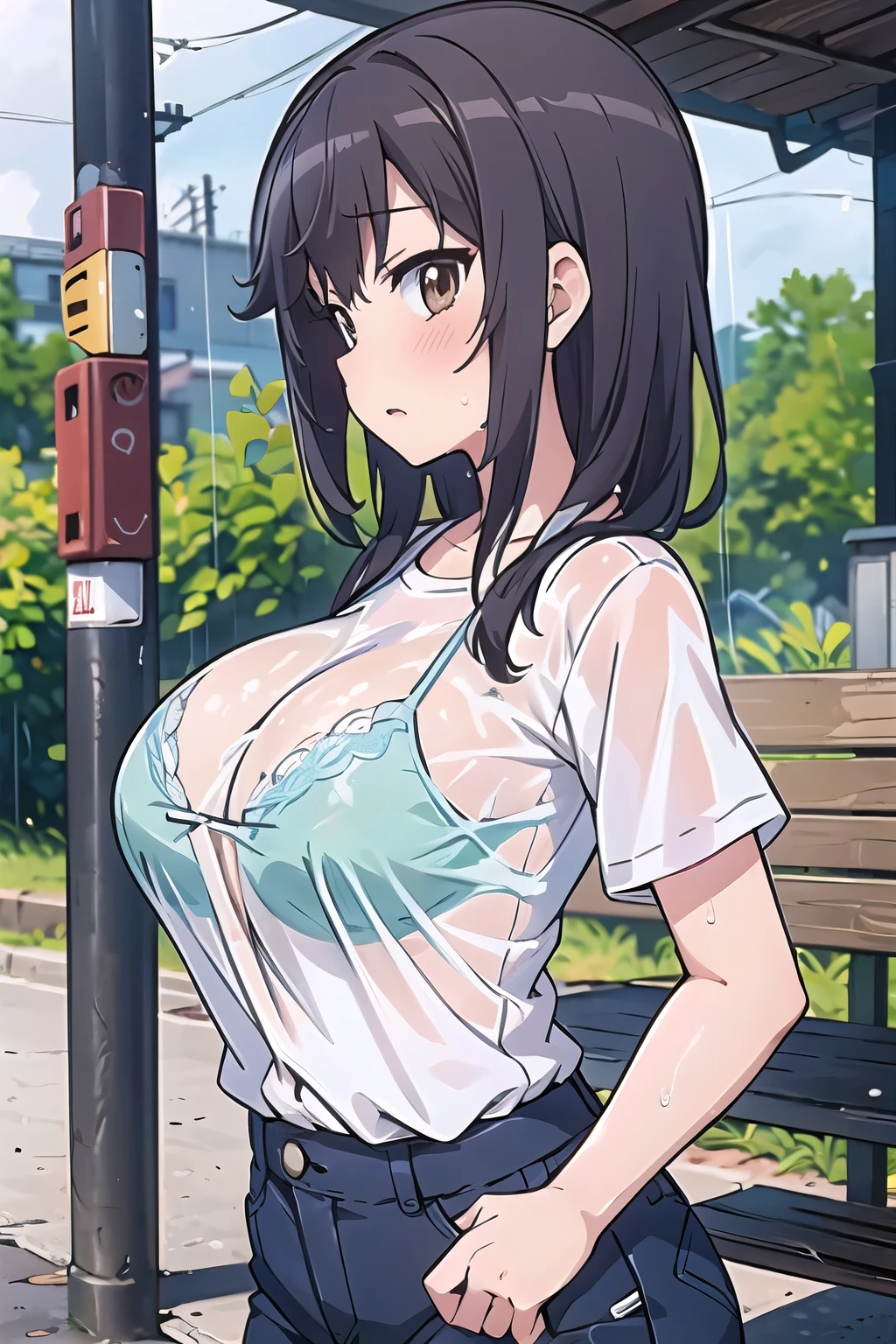 nonhotaru,in summer,Heavy Rain,dark,downpour,bus stop,t-shirt,shorts,blush,sweat,((large breast)),Breasts protruding forward,Big breasted elementary school student,slender,(Narrow waist:1.2),breast focus,Shiny skin,((Wide Chest)),Wide ass,View your viewers,(clothed bra),(See-through bra),(wet clothed),(bra under the shirt)