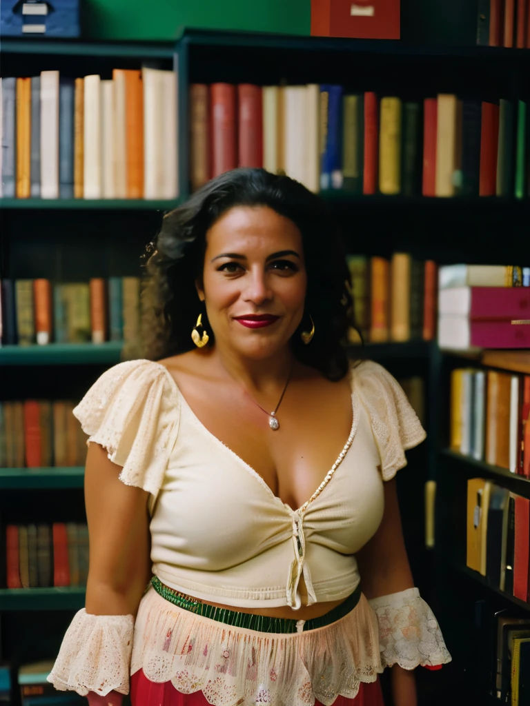 melhor qualidade, glamour uma mulher de 38 anos, pele, cor da pele, typical gypsy clothes, estande em uma sala de livraria, Irlanda do Norte, frisado, filmado em Leica M3 135mm f1.8 apenas