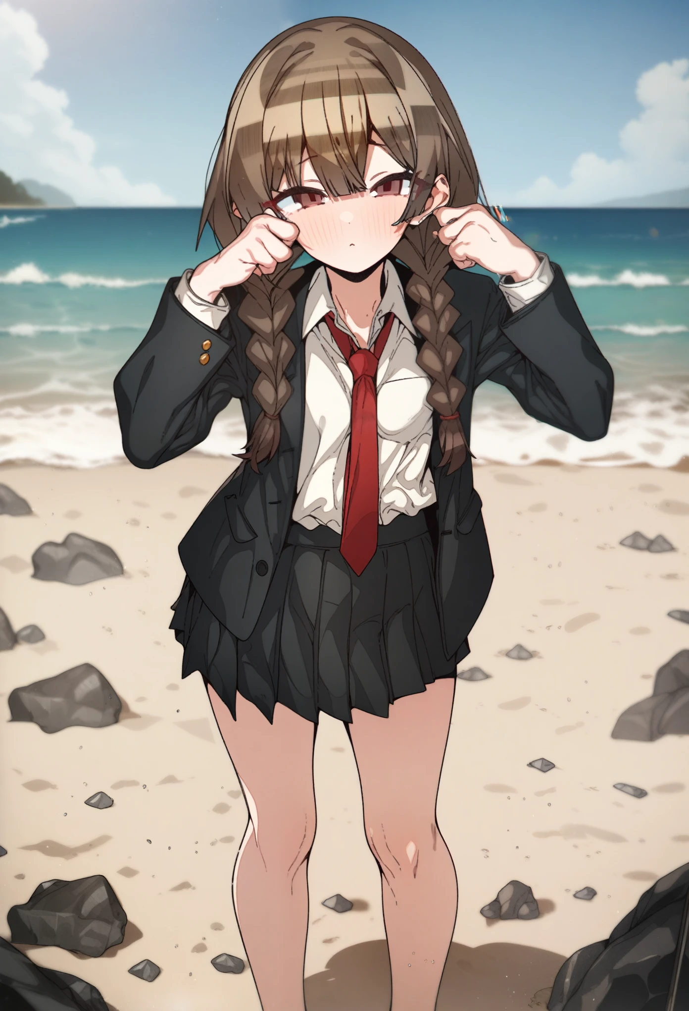 5-year-old girl on the beach wearing a very revealing and small swimsuit while many naked men with their penises stand watching her