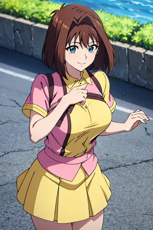 Highest quality,The perfect masterpiece, medium breasts, yellow short sleeves shirt, pink skirt, outdoors, smile, His hand on his hand, Huge breasts, 