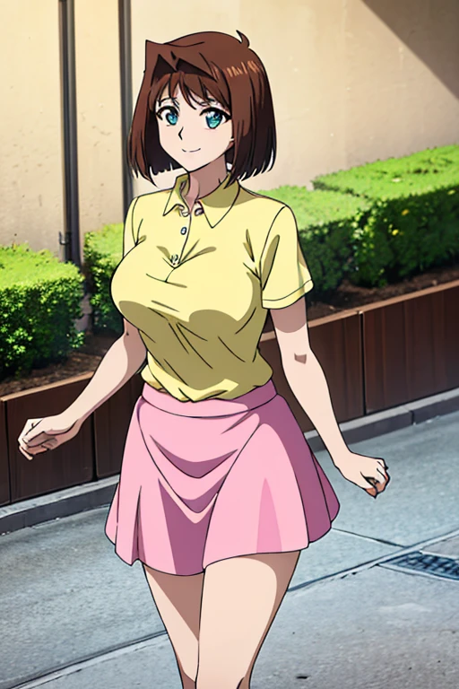 Highest quality,The perfect masterpiece, medium breasts, yellow short sleeves shirt, pink skirt, outdoors, smile, His hand on his hand, Huge breasts, 