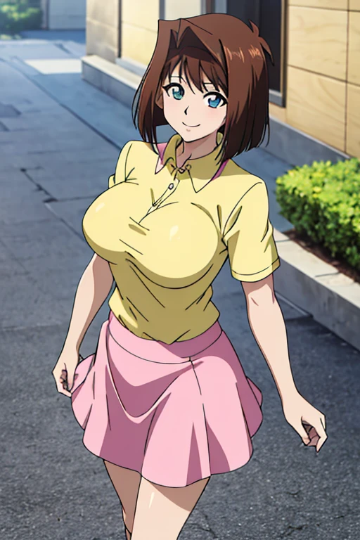 Highest quality,The perfect masterpiece, medium breasts, yellow short sleeves shirt, pink skirt, outdoors, smile, His hand on his hand, Huge breasts, 