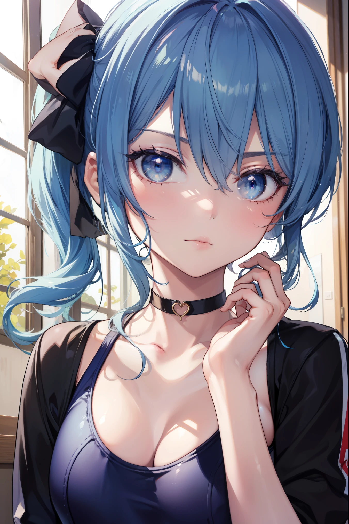 Hoshimachi Suisei,blue eyes,blue hair,choker,hair between eyes,medium hair,side ponytail,Star choker,(small breasts:1.2),
BREAK (cleavage, school swimsuit:1.2),
BREAK ((hands behind back:0.7)), beautiful lighting, defined subject, (18 years old), ((cool looking)), ((glare)),
BREAK (masterpiece:1.2), best quality, high resolution, unity 8k wallpaper, (illustration:0.8), (beautiful detailed eyes:1.6), extremely detailed face, perfect lighting, extremely detailed CG, (perfect hands, perfect anatomy),