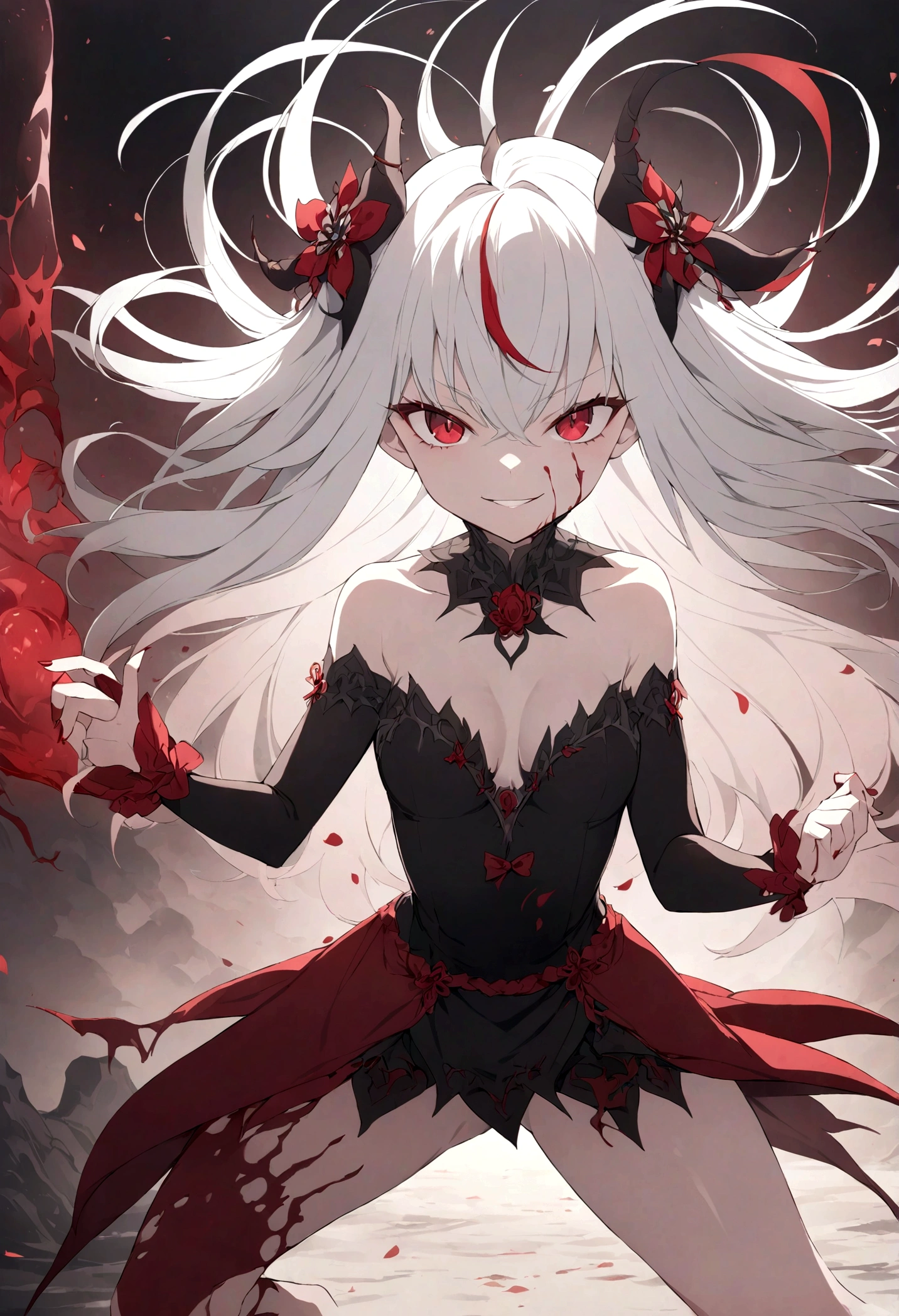  full body portrait of a playful anime girl with red and white hair and dark grey and red strands in her hair striking a playful pose with an evil and seductive grin on her face, multicolor hair, blood blossoms as accessories in her hair, evil grin on her face, shiny dark red eyes, dark grey tendrils with bloodred blossoms in the background, evil look, best anime characterdesin, high resolution, 8K fantasy artwork