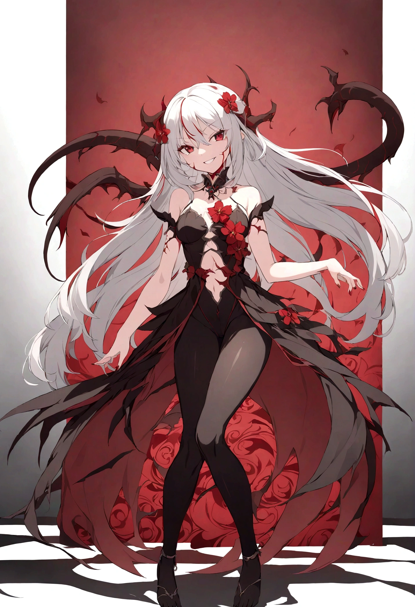  full body portrait of a playful anime girl with red and white hair and dark grey and red strands in her hair striking a playful pose with an evil and seductive grin on her face, multicolor hair, blood blossoms as accessories in her hair, evil grin on her face, shiny dark red eyes, dark grey tendrils with bloodred blossoms in the background, evil look, best anime characterdesin, high resolution, 8K fantasy artwork