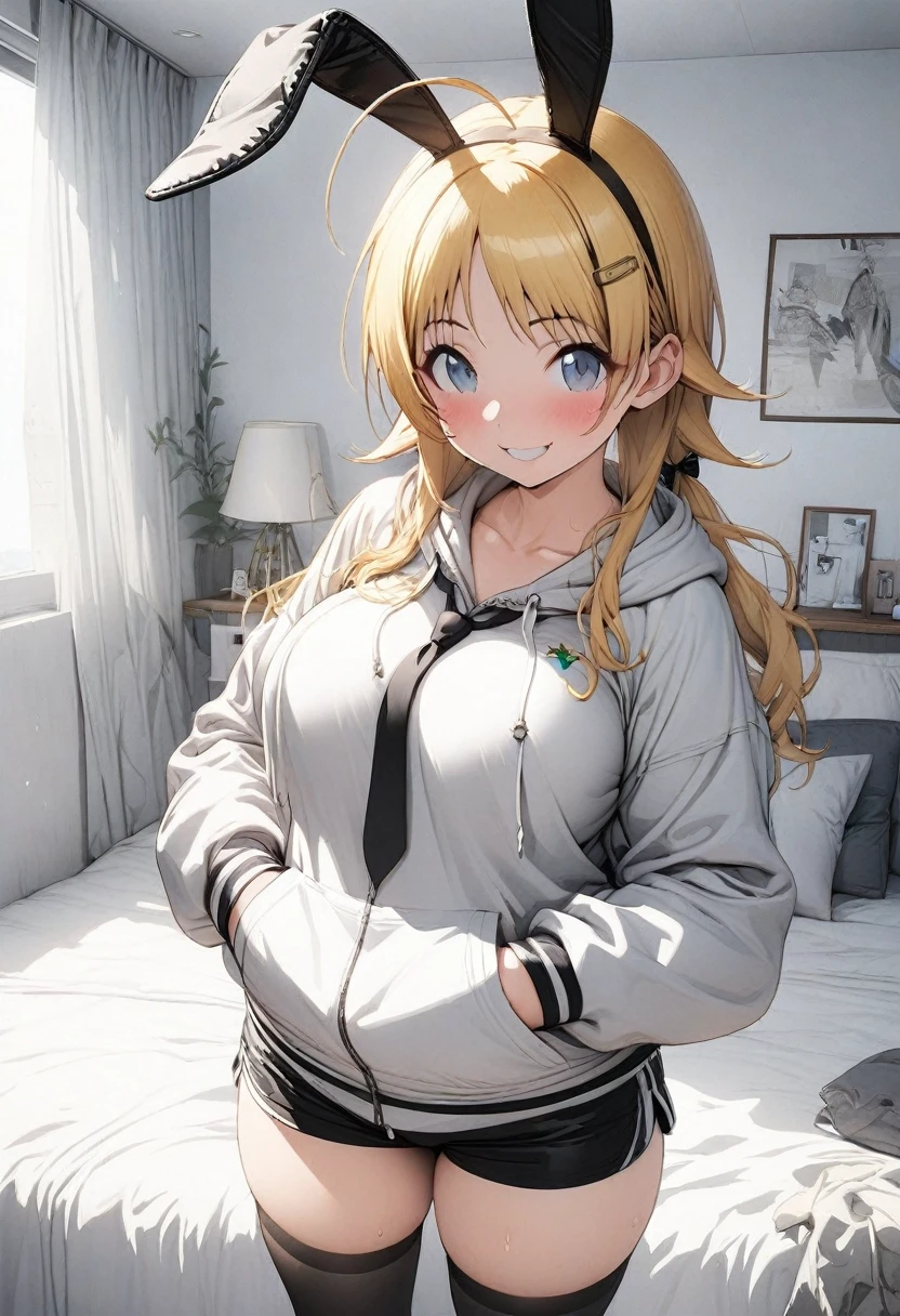 NSFW,(pale illustration,anime illustrations:1.2),(masterpiece, highest quality, so beautiful, Super detailed),textured skin, high details,8k,gleaming skin,pale outline,

(hachimiya meguru, idolmaster:1.2),gold hair,

1 girl,big breast,shorty,smile,blush,
(hoodie, shorts),(black thighhighs:1.2),necktie between breasts,elbow gloves,fake rabbit ears,(hands in pockets:1.2),

(full body),white and clean bedroom