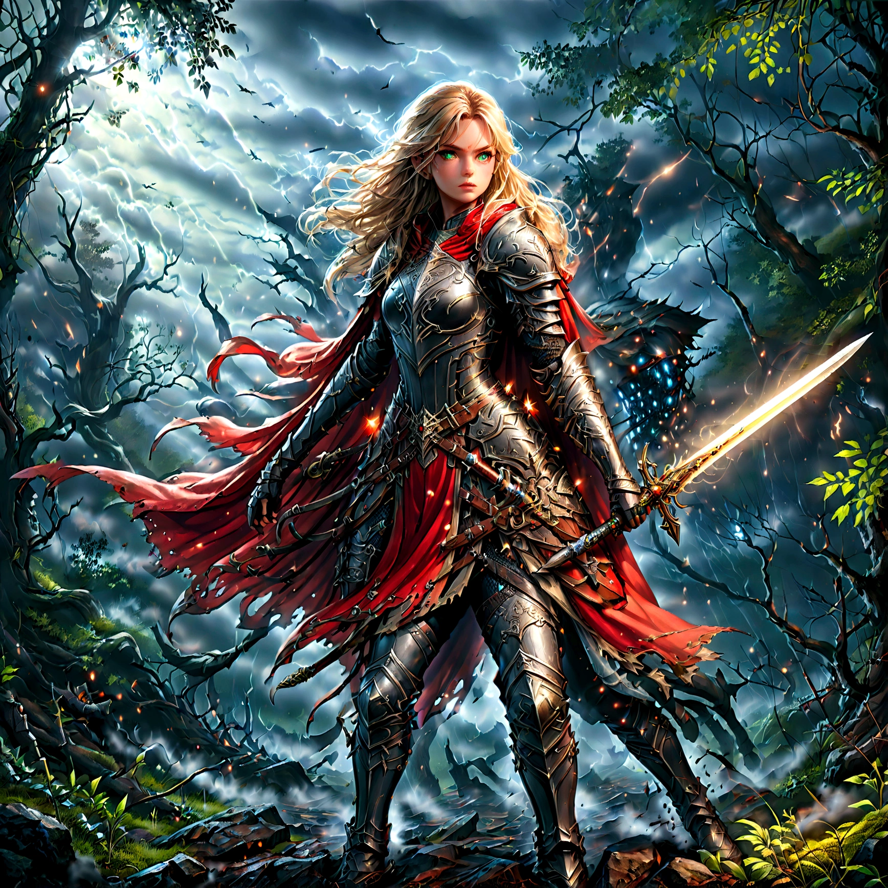 fantasy art, RPG art, Dark fantasy art, ultra wide shot, RAW, photorealistic, a picture of female human ranger, the ranger, an exquisite beautiful human woman, long blond hair, braided hair, green eyes, wearing leather armor, wearing (red cloak: 1.1), armed with a (sword: 1.3), wearing laced boots, standing in a dark forest at night, (mist rising from the grounds: 1.3), a sense of dread and fear, yet she stands defiant and fearless, there is a (wolf: 1.2) companion standing by, guarding her, protecting her, dark fantasy forest background, best quality, 16k, [ultra detailed], masterpiece, best quality, (ultra detailed), full body, ultra wide shot, photorealism, Sword and shield