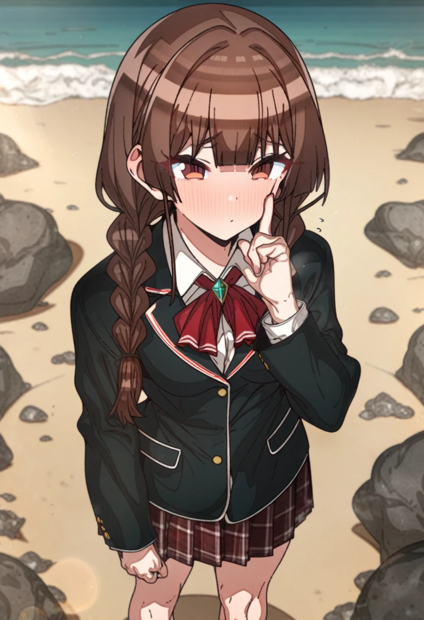 houshou_marine with brown eyes and brown hair, Artist, erere, Copyrights, idolmaster, idolmaster_shiny_colors, Character, General, 1girl, brown_hair, blunt_bangs, blush, medium_breasts, breasts, detailed eyelashes, beatiful girl:1, brown_eyes, censored, school_uniform, skirt, black pleated skirt:0.7, black blazer:0.5, white shirt, red tie, twin_braids, :|:0.5, (full_body) (standing in middle, beach, rocks), sky:0.7, half-closed_eyes, detailed, sand, outdoors, looking_at_viewer, masterpiece, best_quality, great_quality, girl, solo, center_composition, centered character, cute, rubbing_eyes, sleepy