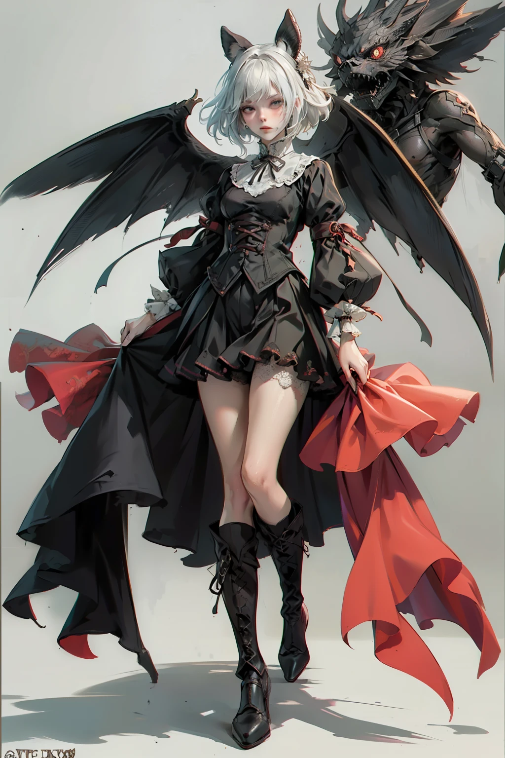  ((best quality)), ((masterpiece)), (detailed), 1girl, Character design, female, dynamic poses, long white grey hair, grey white eyes, very skinny, detailed, best quality, no accesoires around the neck, no shoes, prominent collarbones, skinny arms, flat stomach, visible hip bones, full body, blank white background, plain background, white background, red and white clothing, Bloodborne inspired, occult aesthetic, occult, detailed and intricate steampunk and detailed gothic, NSFW, Very dramatic and cinematic lighting, cosmic horror, grim-dark, side-lighting, perfect face, NSFW, Fluttering lace flared long knee length dress with frilly petticoats, knee length dress, pleated petticoats, petticoats gothic, complex lace boots, side-lighting, gothic aesthetic, wielding a mighty sword with mechanical components, mandalas, small breasts, a fairy, various different types of insect wings, NSFW, full body, whole body, body, plain background, white background, blank background, no background, white background NSFW, chains, full body, whole body, head-to-toe NSFW 