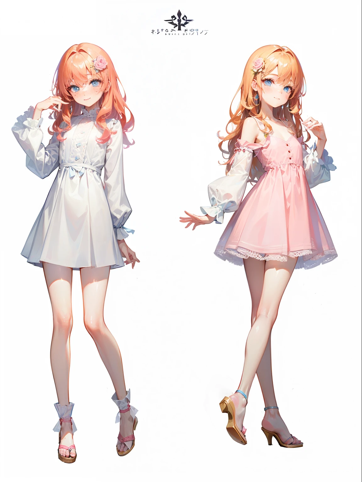 Dynamic posing, dynamic angle, Arrange pose,Top quality work,Show Legs, ((wavy hair, pale skin, long light ginger hair),((light blue eyes)), freckles, 16 years old, Rose cheeks, Pretty cute Face, A perfectly proportioned face,((cute pink mini dress)),full-body view, amazing, small round chest、Beautiful eye details、Beautiful eyelashes、beautiful double eyelid, with blush cheeks, shy and smille