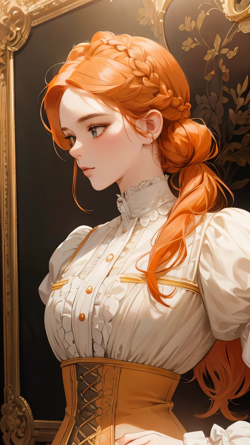 masterpiece, best quality, Practical, (absurd, High resolution, Super detailed), victorian era, Europe in the 18th century,noble,Orange hair color,braid, Delicate and meticulous, 8K, Reality, Dramatic Lighting, high quality, Complex design, classical portrait, enlarged texture, Exquisite details