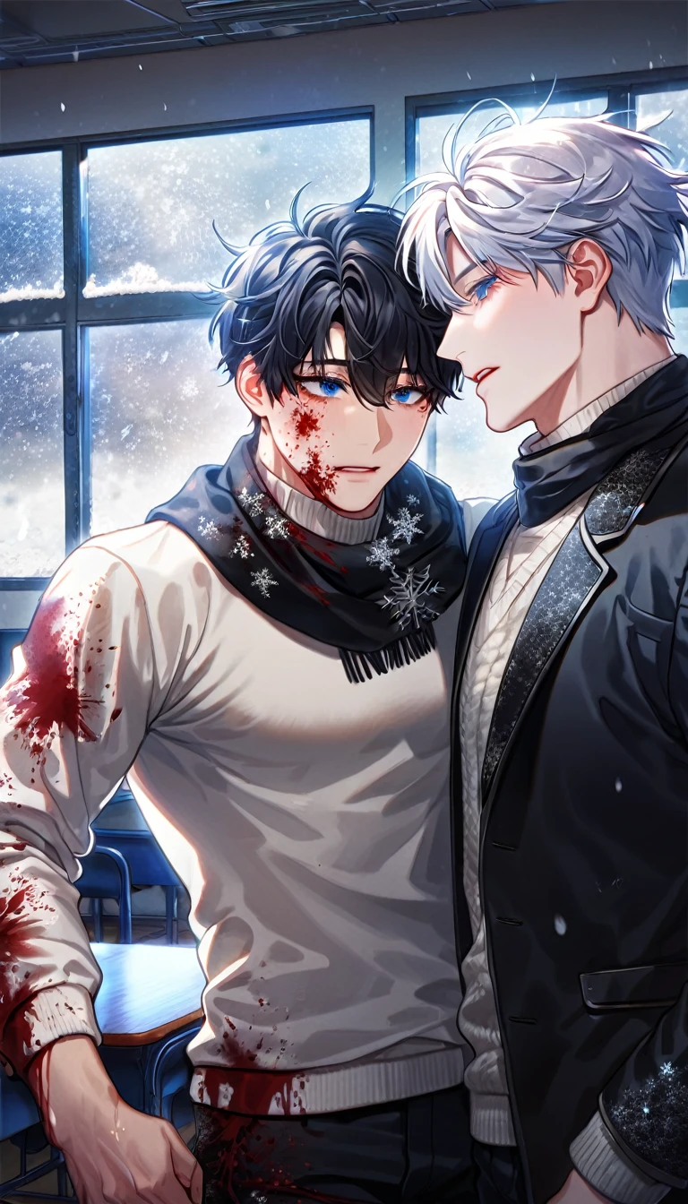 absurdres, highres, ultra detailed, HDR, master piece, best quality, extremely detailed face, delicated features, Kang Woojin, black messy hair, expressive dark blue eyes, Love Jinx, Gojou Satoru, white hair, expressive blue eyes, two sexy men together covered in blood, gay couple, yaoi, handsome, black pants, black coat, white sweater, black scarf, fantasy, snowing, winter, snowflakes, apocalyptic, horror, clothes stained with blood
