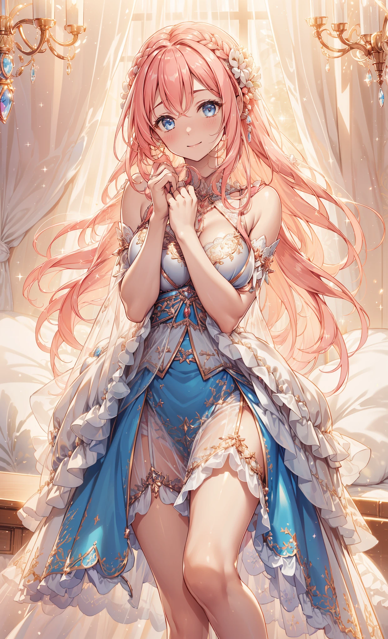 (best quality, high resolution, textured skin, high quality, high detail,Extremely detailed CG unification),age girl,obsessed,Divine happiness,in love,having fun,(Heavenly Maxi and Ballgown Combinations),pink hair,blue eyes,(Fabric headdresinimalism,multi-layered ruffles,lace,delicate embroidery,Exquisite pattern,Fabric headdress,dress nicely,sheer transparent clothes,bedroom,sparkling,(Appearing to be covered by a transparent skirt:1.1),light,night,the only person,fluttering skirt,Exquisite and beautiful face,dynamic angle