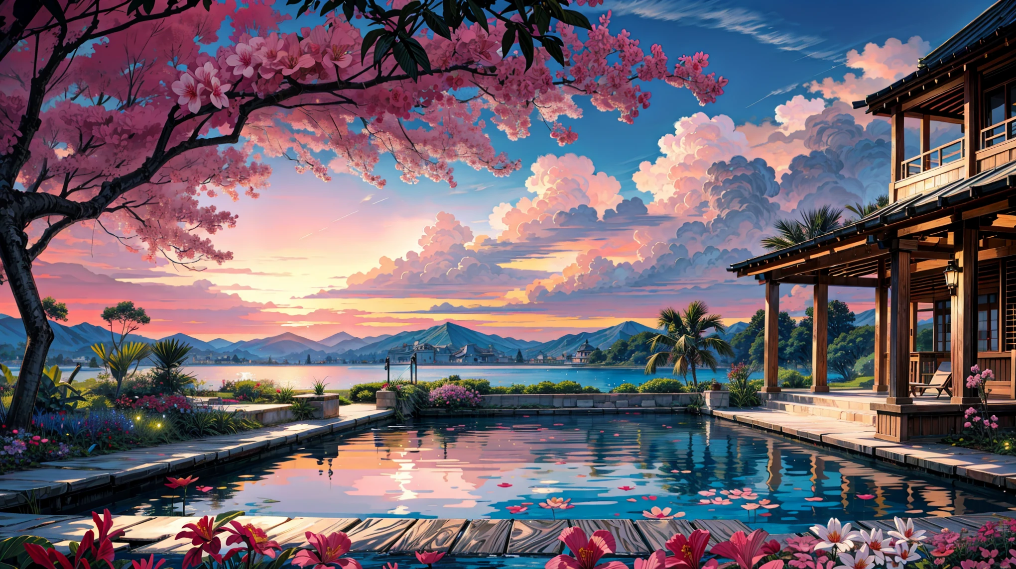 A painting of a pond and gazebo with pink flowers, Beautiful art UHD 4K, Tropical swimming pool, A beautiful artistic illustration, Royal Garden Background, Very detailed paradise, Tropical Paradise, huge pillars and flowers, Paradise in the background, Relaxation concept art, Beautiful Numbers, magnificent background, Anime Background Art, Romantic scenery, A pool in a huge palace