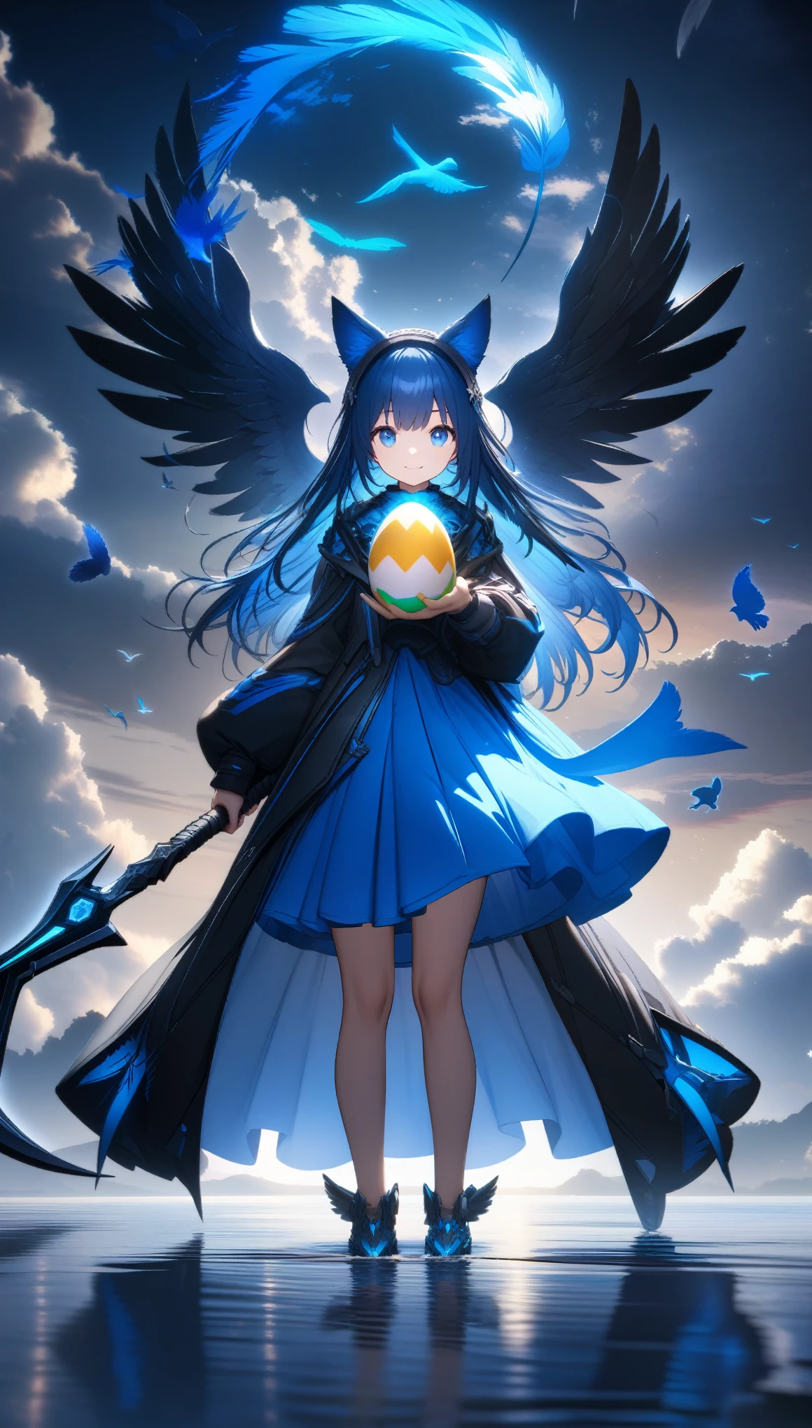 32k, best quality, ultra high res, HDR, UHD, extremely detailed CG, unity 32k wallpaper, A dark, futuristic, silhouetted figure of a girl with cat ears and a long, flowing coat, holding a massive scythe with a mechanical cat integrated into the blade, standing on a reflective surface with a minimalist, light gray background. --ar 4:3 --stylize 600 --niji 6, 32k, best quality, ultra high res, HDR, UHD, extremely detailed CG, unity 32k wallpaper, A world full of eggs, 18-year-old, Holding a rainbow-colored egg in both hands, Very cute girl, Blue Hair, Long Hair, blue eyes, A beautiful and cute blue dress, from the front, A very beautiful sea background, Standing on the water, Particles that glow blue, bird, cloud, Egg with wings, Close your mouth and smile happily, A cute hat with blue feathers, (wing),