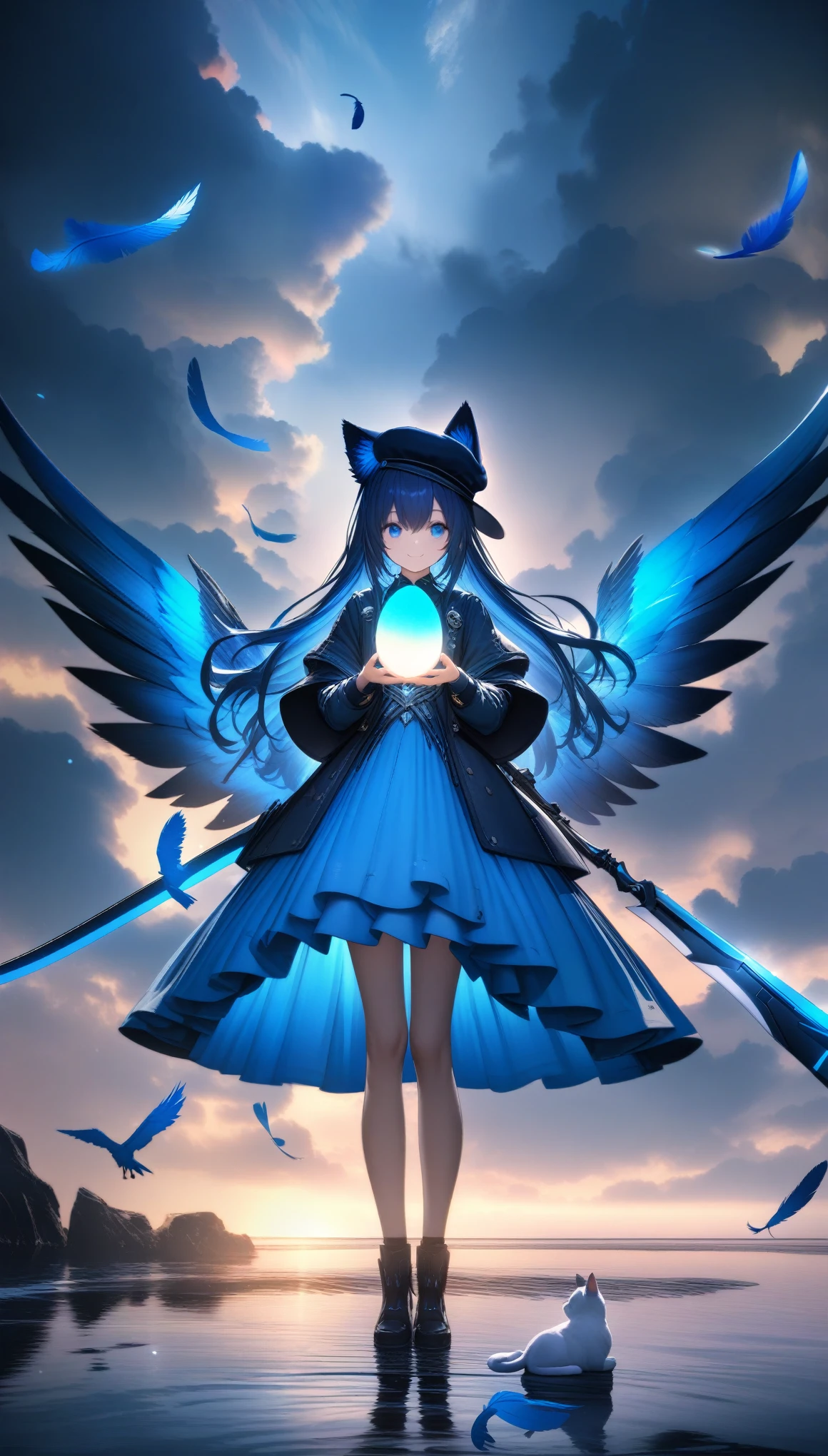 32k, best quality, ultra high res, HDR, UHD, extremely detailed CG, unity 32k wallpaper, A dark, futuristic, silhouetted figure of a girl with cat ears and a long, flowing coat, holding a massive scythe with a mechanical cat integrated into the blade, standing on a reflective surface with a minimalist, light gray background. --ar 4:3 --stylize 600 --niji 6, 32k, best quality, ultra high res, HDR, UHD, extremely detailed CG, unity 32k wallpaper, A world full of eggs, 18-year-old, Holding a rainbow-colored egg in both hands, Very cute girl, Blue Hair, Long Hair, blue eyes, A beautiful and cute blue dress, from the front, A very beautiful sea background, Standing on the water, Particles that glow blue, bird, cloud, Egg with wings, Close your mouth and smile happily, A cute hat with blue feathers, (wing), 