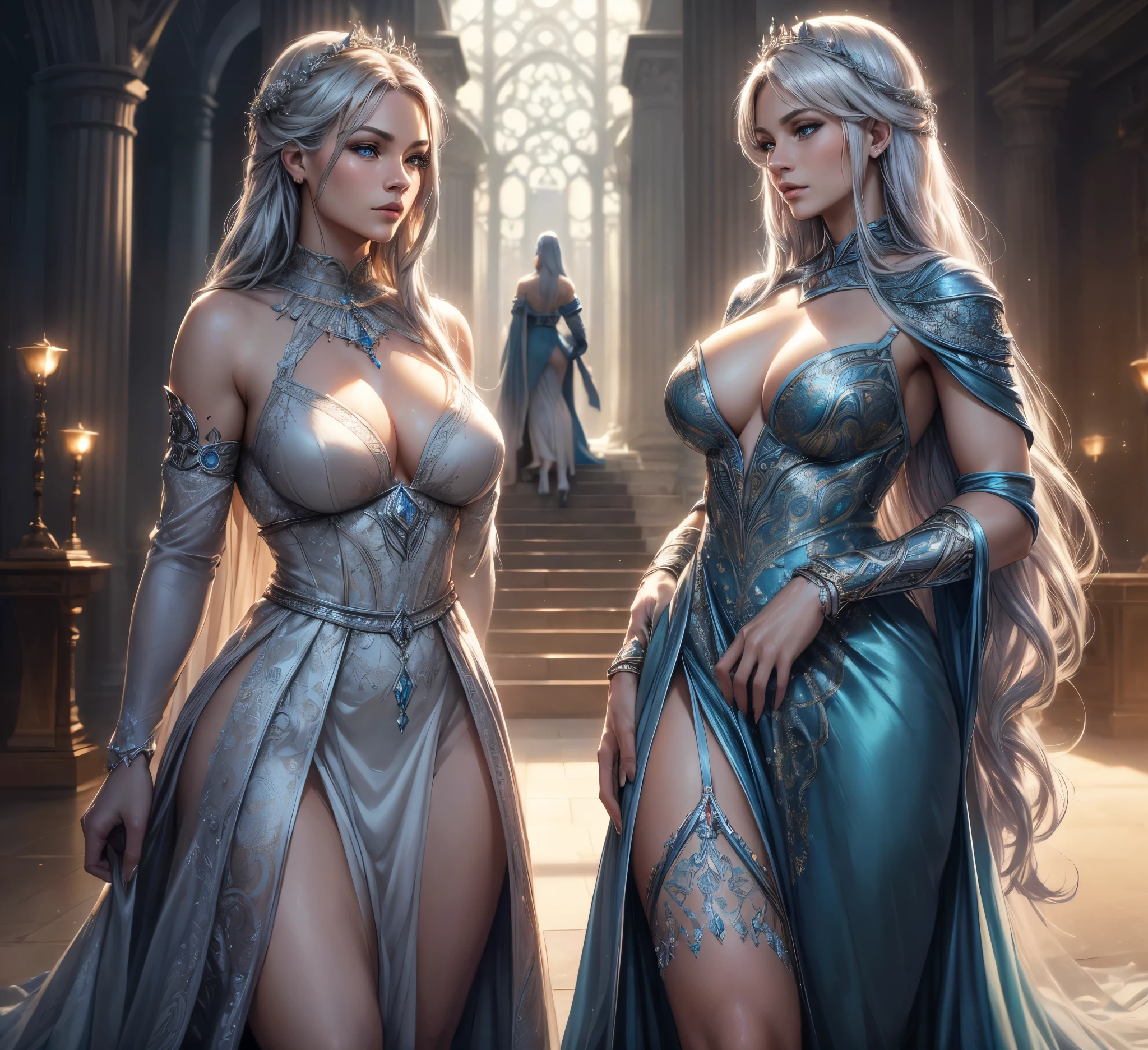 A beautiful, crystalline blue-eyed woman with silver hair wearing a long, regal dress, standing in an elegant pose and looking at the viewer, (2 fair-skinned Amazons in a long, royal dress), (detailed eyes, detailed lips, extremely detailed face and eyes, long eyelashes), (best quality,4k,8k,highres,masterpiece:1.2),ultra-detailed,(realistic,photorealistic,photo-realistic:1.37),HDR,UHD,studio lighting,ultra-fine painting,sharp focus,physically-based rendering,extreme detail description,professional,vivid colors,bokeh,fantasy,digital art