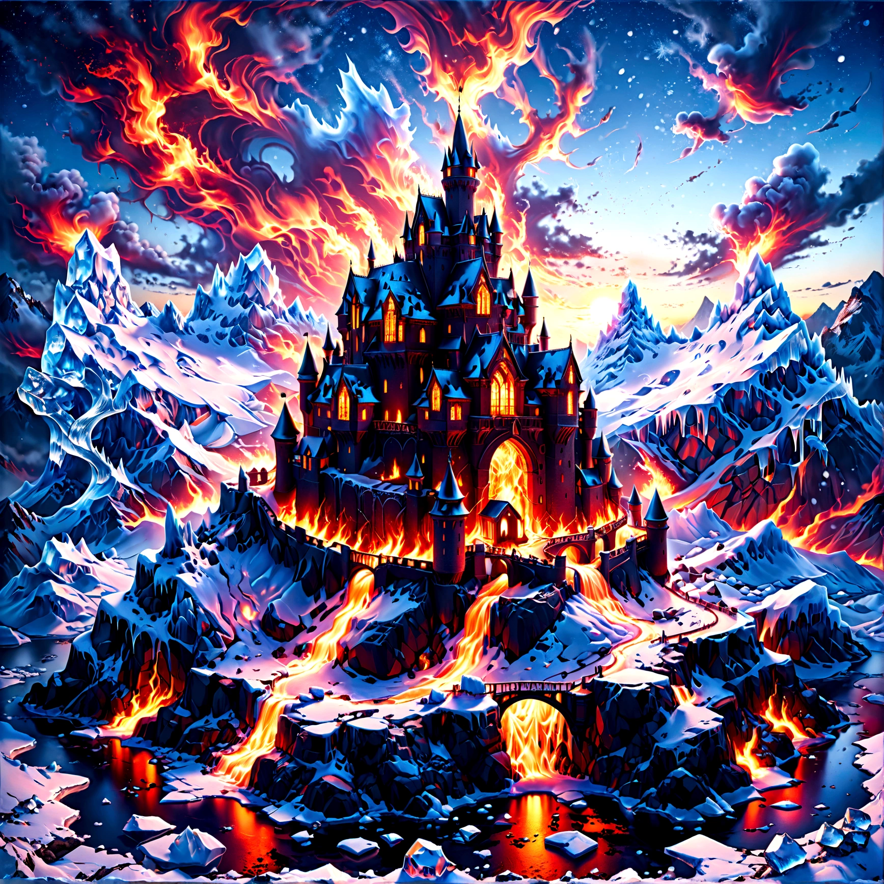 a panoramic award winning photography, Photorealistic, extremely detailed of a castle made from (ice: 1.3) made_of_ice standing on the peak of a snowy mountain, an impressive best detailed castle made from ice (Photorealistic, extremely detailed), with towers, bridges, a moat filled with lava (Photorealistic, extremely detailed),  standing on top of a snowy mountain (masterpiece, extremely detailed, best quality), with pine trees, sunset light, some clouds in the air,  alpine mountain range background, best realistic, best details, best quality, 16k, [ultra detailed], masterpiece, best quality, (extremely detailed), ultra wide shot, photorealism, depth of field, faize, raging nebula