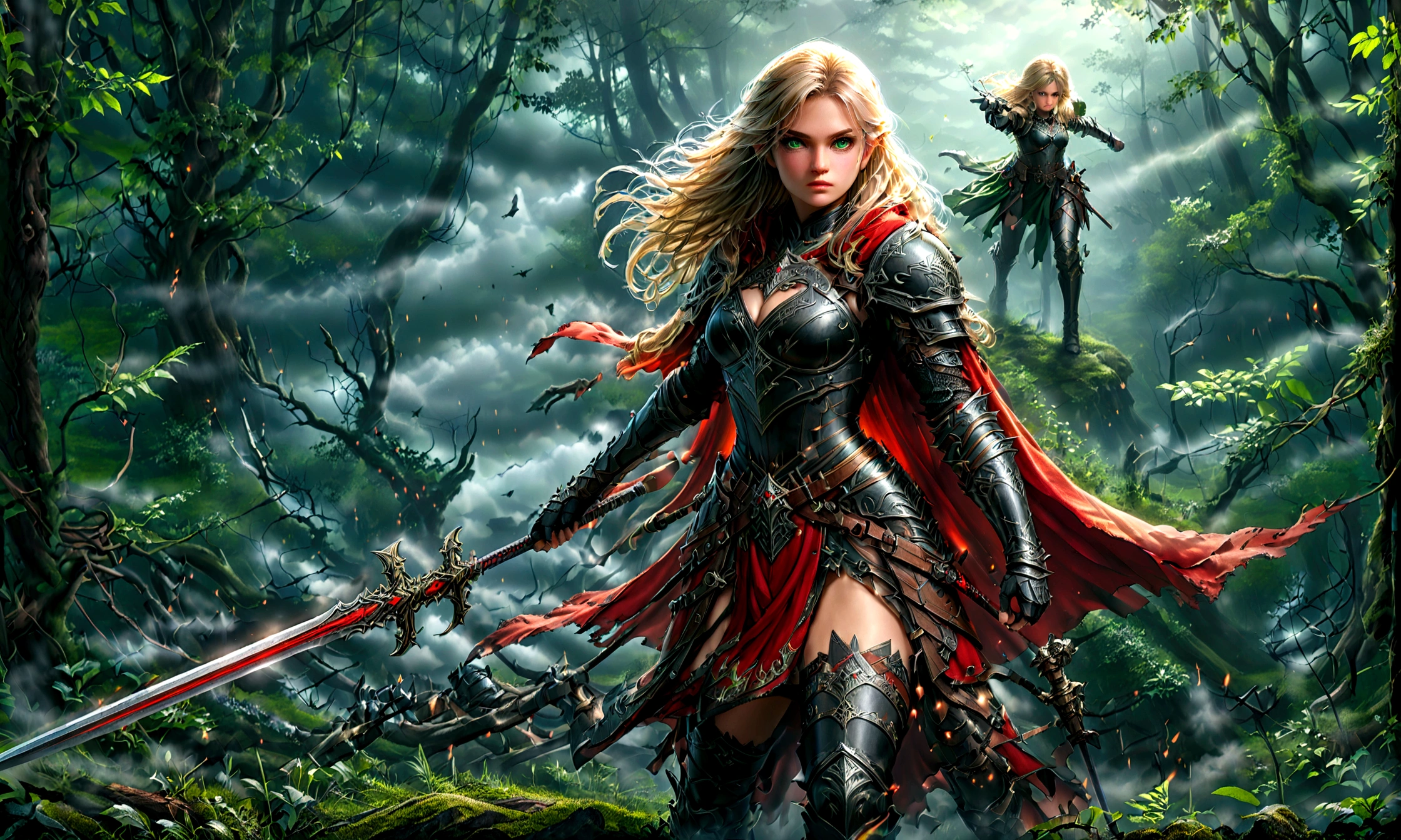 fantasy art, RPG art, Dark fantasy art, ultra wide shot, RAW, photorealistic, a picture of (1single: 1.5) female human ranger, the ranger, an exquisite beautiful human woman, long blond hair, braided hair, green eyes, wearing leather armor, wearing (red cloak: 1.1), armed with a (sword: 1.3), wearing laced boots, standing in a dark forest at night, (mist rising from the grounds: 1.3), a sense of dread and fear, yet she stands defiant and fearless, dark fantasy forest background, best quality, 16k, [ultra detailed], masterpiece, best quality, (ultra detailed), full body, ultra wide shot, photorealism, Sword and shield, aetherpunkai
