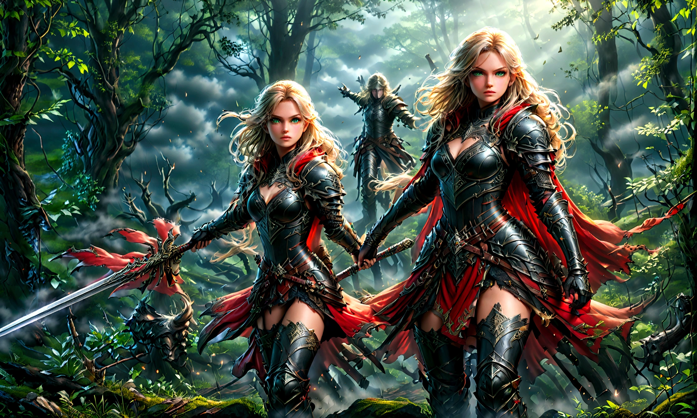 fantasy art, RPG art, Dark fantasy art, ultra wide shot, RAW, photorealistic, a picture of (1single: 1.5) female human ranger, the ranger, an exquisite beautiful human woman, long blond hair, braided hair, green eyes, wearing leather armor, wearing (red cloak: 1.1), armed with a (sword: 1.3), wearing laced boots, standing in a dark forest at night, (mist rising from the grounds: 1.3), a sense of dread and fear, yet she stands defiant and fearless, dark fantasy forest background, best quality, 16k, [ultra detailed], masterpiece, best quality, (ultra detailed), full body, ultra wide shot, photorealism, Sword and shield, aetherpunkai