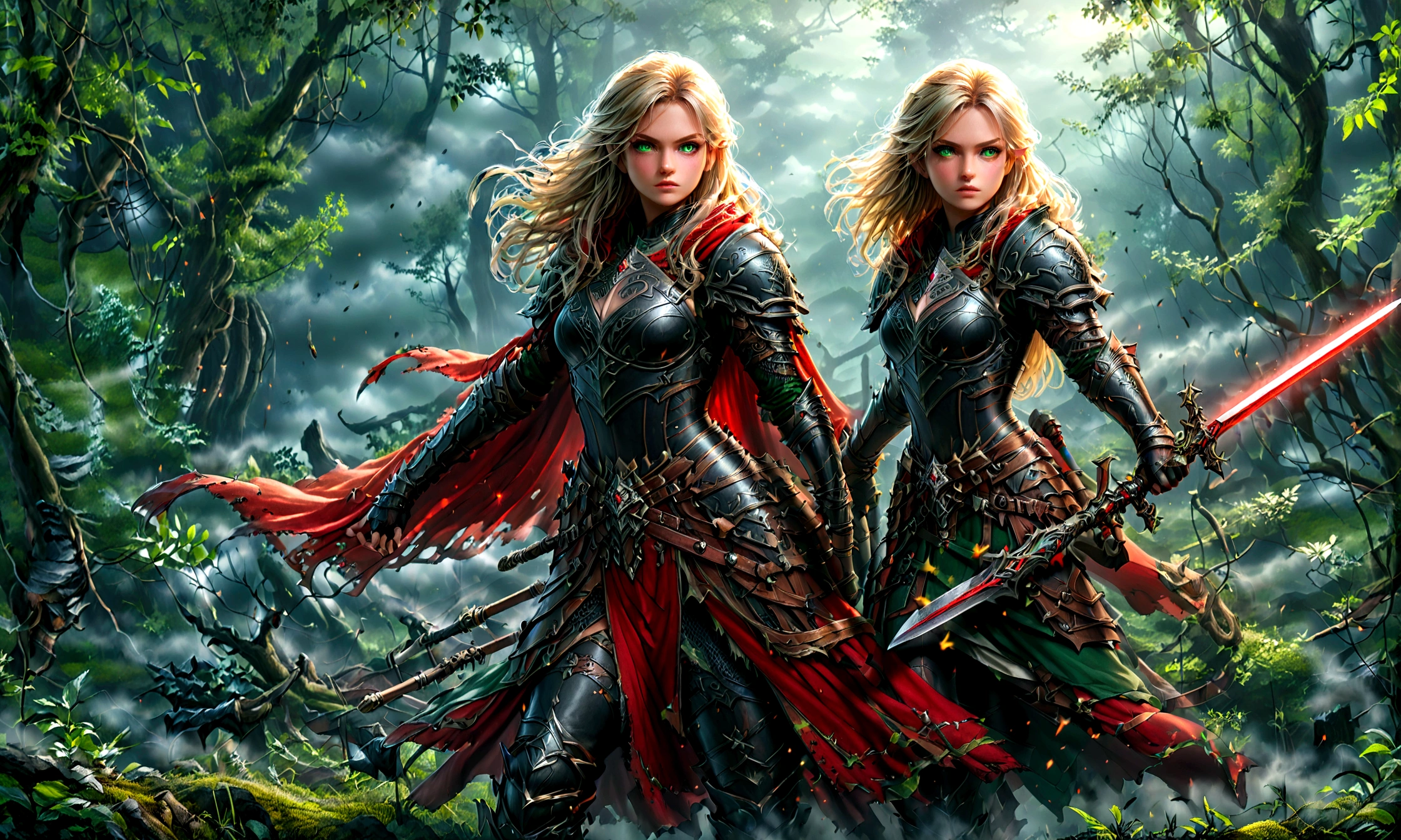 fantasy art, RPG art, Dark fantasy art, ultra wide shot, RAW, photorealistic, a picture of (1single: 1.5) female human ranger, the ranger, an exquisite beautiful human woman, long blond hair, braided hair, green eyes, wearing leather armor, wearing (red cloak: 1.1), armed with a (sword: 1.3), wearing laced boots, standing in a dark forest at night, (mist rising from the grounds: 1.3), a sense of dread and fear, yet she stands defiant and fearless, dark fantasy forest background, best quality, 16k, [ultra detailed], masterpiece, best quality, (ultra detailed), full body, ultra wide shot, photorealism, Sword and shield, aetherpunkai