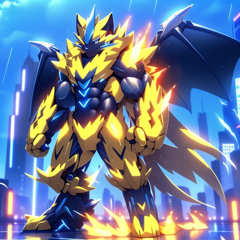 gigantic 10 storey tall zeraora holding huge assault rifles on both, hands with large shoulder missile launchers and a plasma blade, high detail, standing in a rainy city, 8k, high resolution, giant mechanical Muscular Zeraora,
giant mechanical Muscular Zeraora is trampling the city, Zeraora is over 1000 meters long. Additional details: (masterpiece, official art, 8k, best quality) terrifying and imposing design, (smoke and flames rising from the destruction in the background, a lone figure) (high-tech bio-mecha armor, real texture material), (gigantic muscles, Gigachad Muscular, big muscle, pecs, triceps, traps, unusually developed muscular body, body full of huge muscles. showing off muscles, pectorales enormes, Exaggeratedly huge muscles.),
(whole body shines like metal, Wearing cyberpunk mecha, emphasizes the muscles, suit fully made of metal, intricate armor, Robotic suit, suit fully made of metal, cyborg), (Spread wings, It has wings, have big wings, golden wings), (giant zeraora, Zeraora's giant robot, Powered exoskeleton with the same design as Zeraora), gundam,