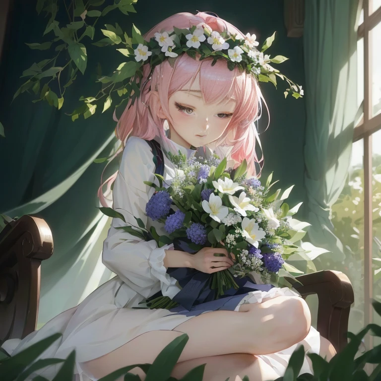 anime girl with pink hair sitting on a bench holding a bouquet of flowers, guweiz on pixiv artstation, guweiz, guweiz on artstation pixiv, with flowers, artwork in the style of guweiz, lolish, anime moe artstyle, anime lush john 8k woods, deity of hydrangeas, guweiz masterpiece